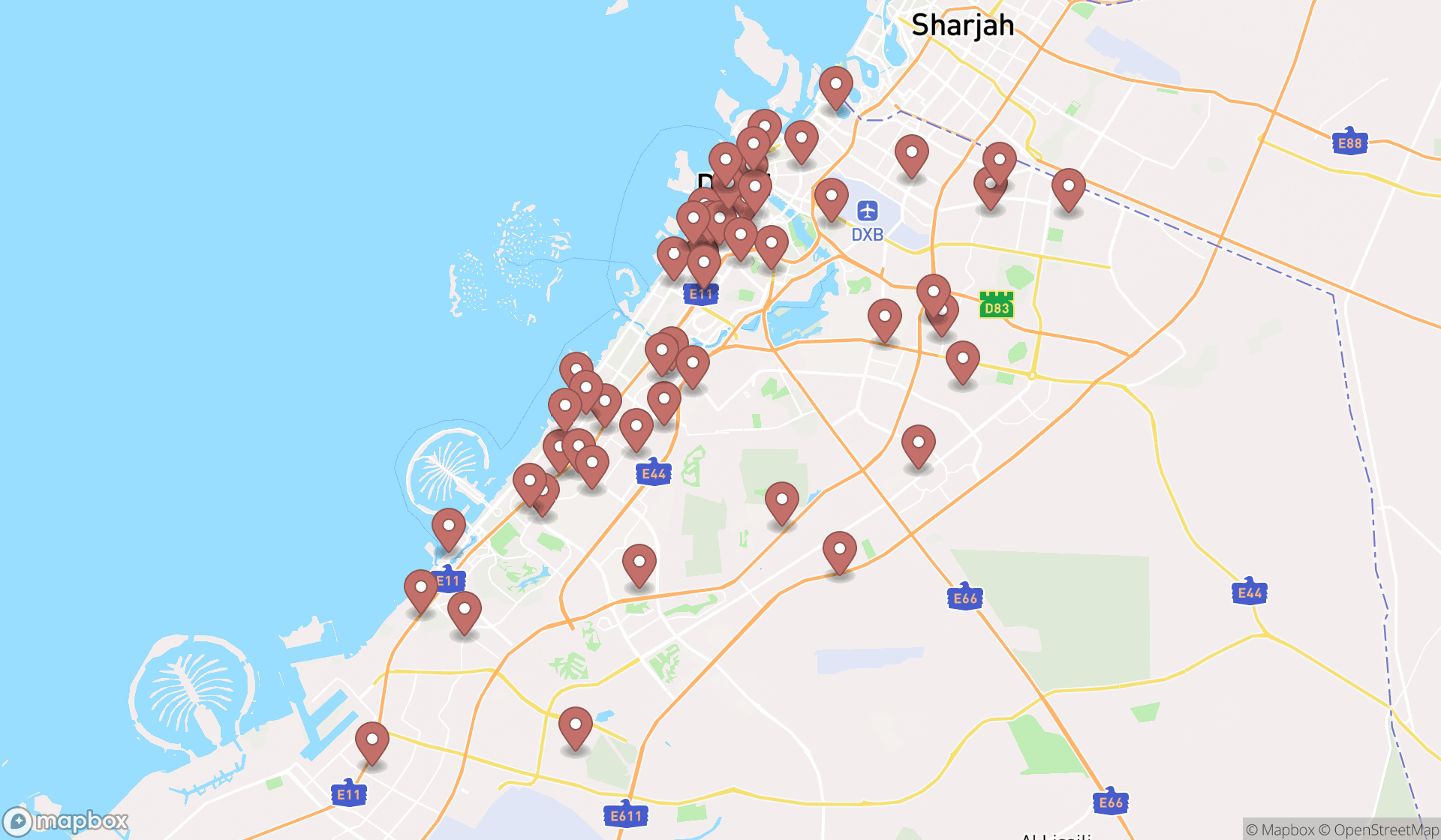 Map showing the search results in Dubai