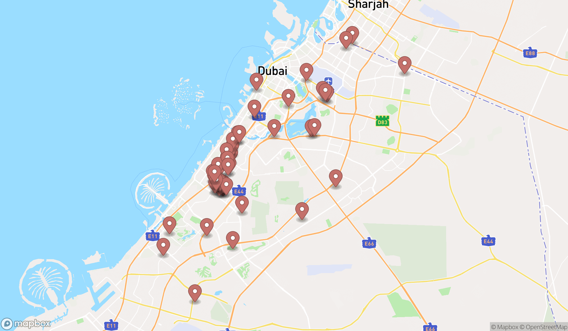 Map showing the search results in Dubai