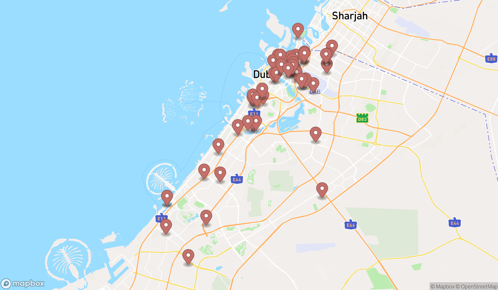 Map showing the search results in Dubai