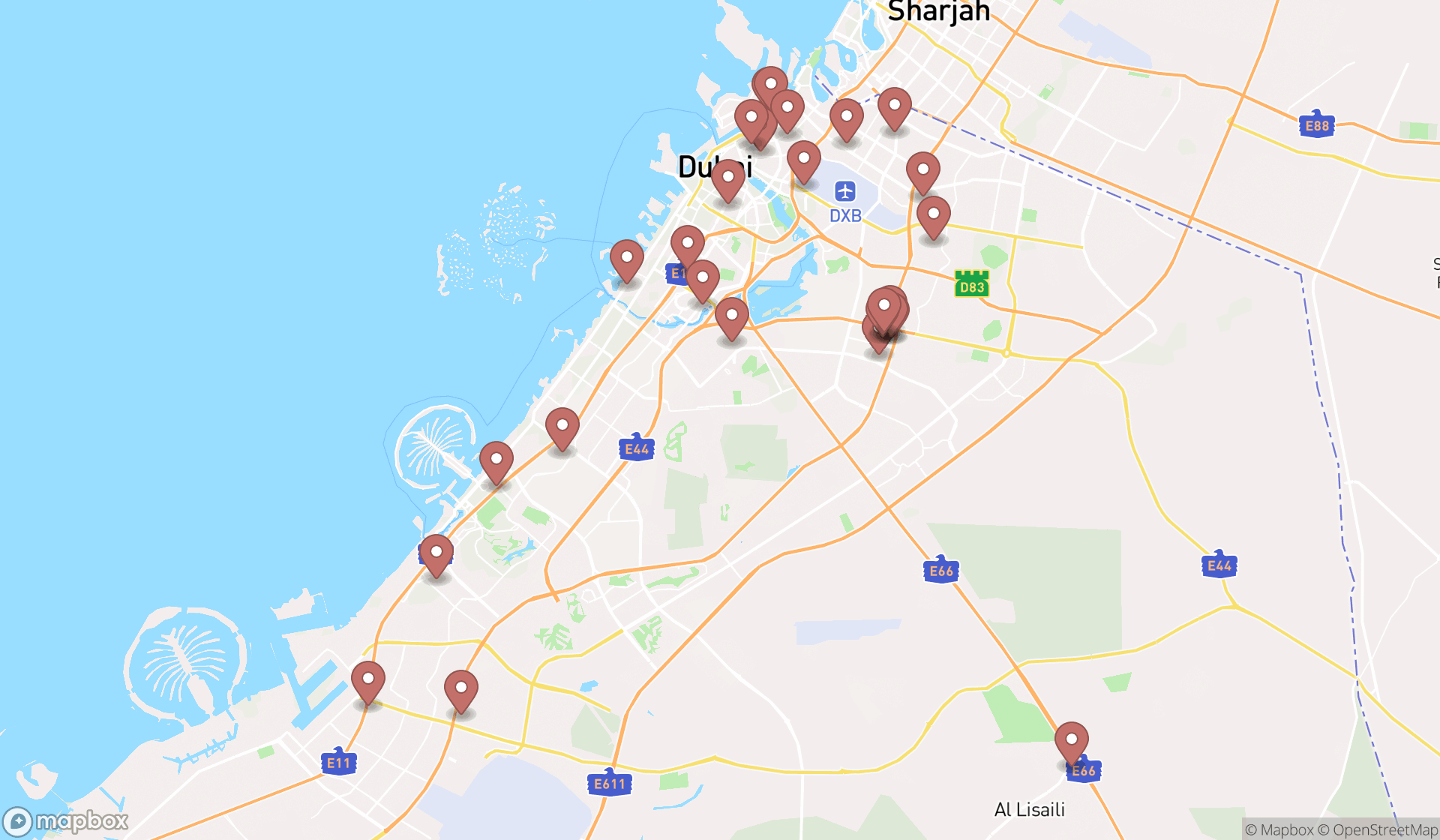 Map showing the search results in Dubai