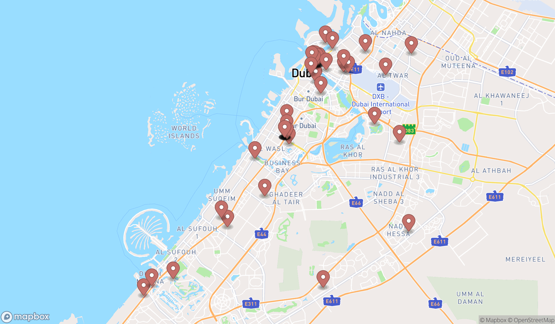 Map showing the search results in Dubai