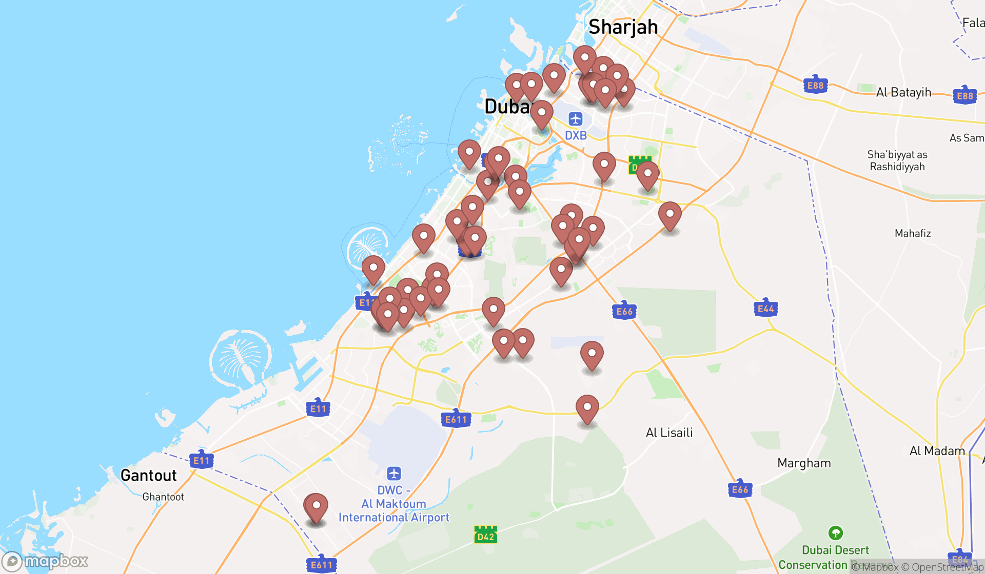 Map showing the search results in Dubai