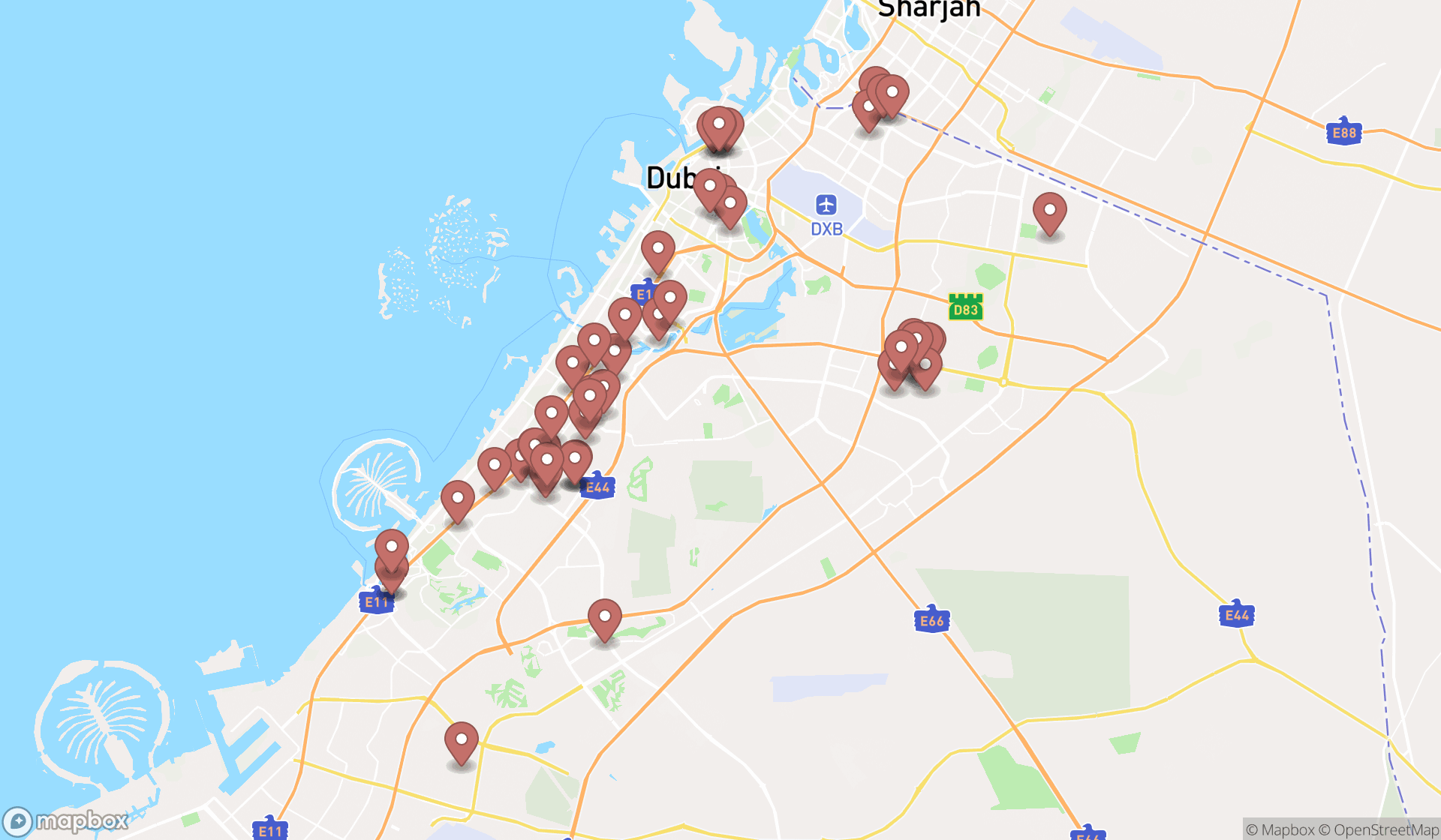 Map showing the search results in Dubai