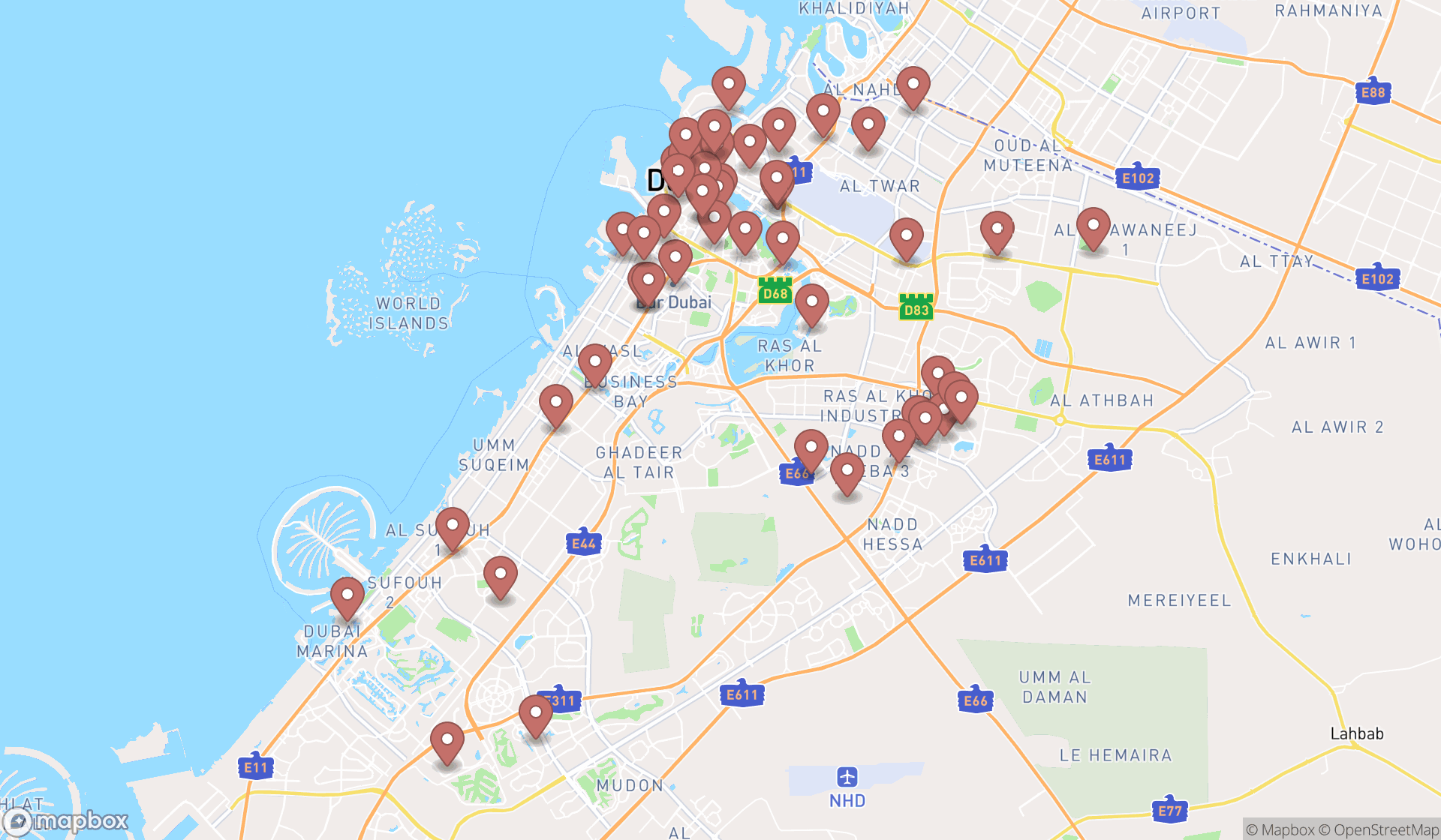 Map showing the search results in Dubai