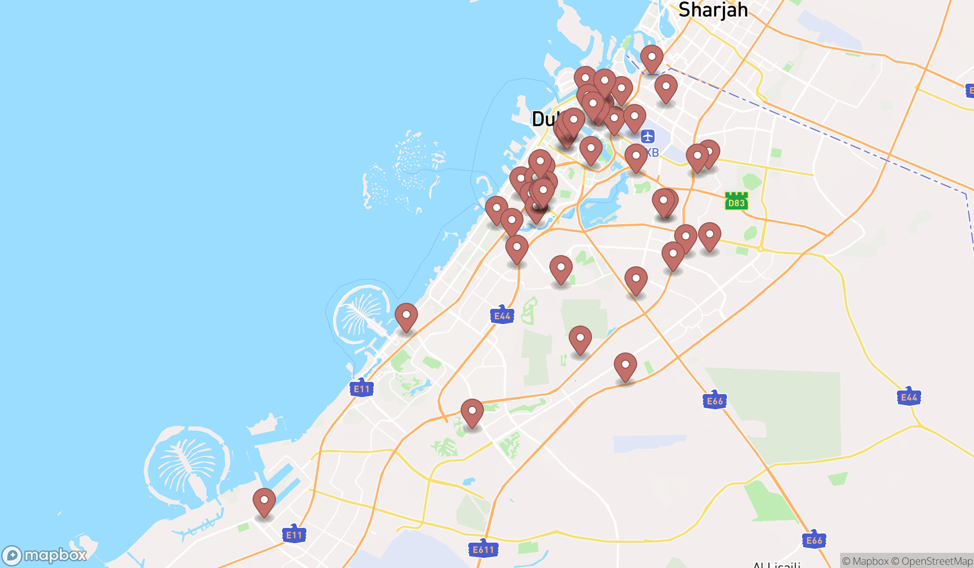 Map showing the search results in Dubai