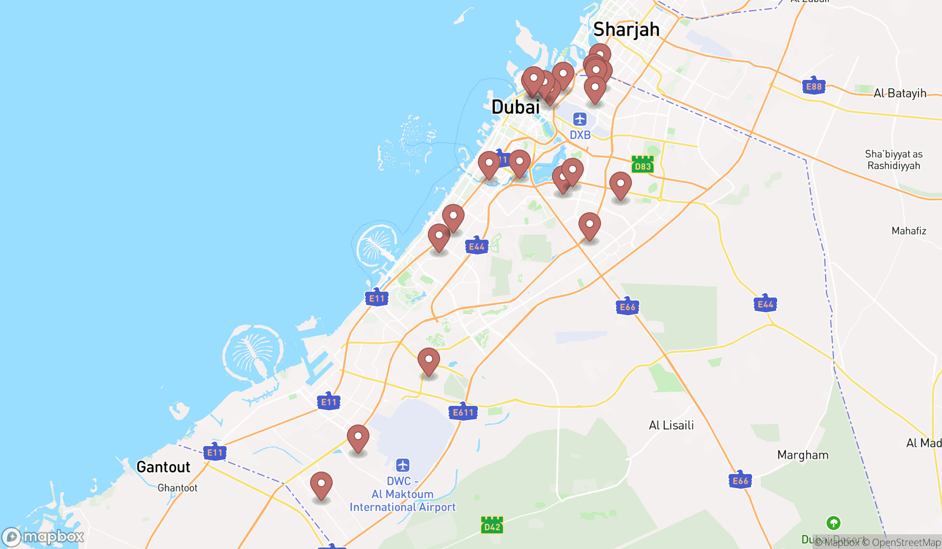Map showing the search results in Dubai