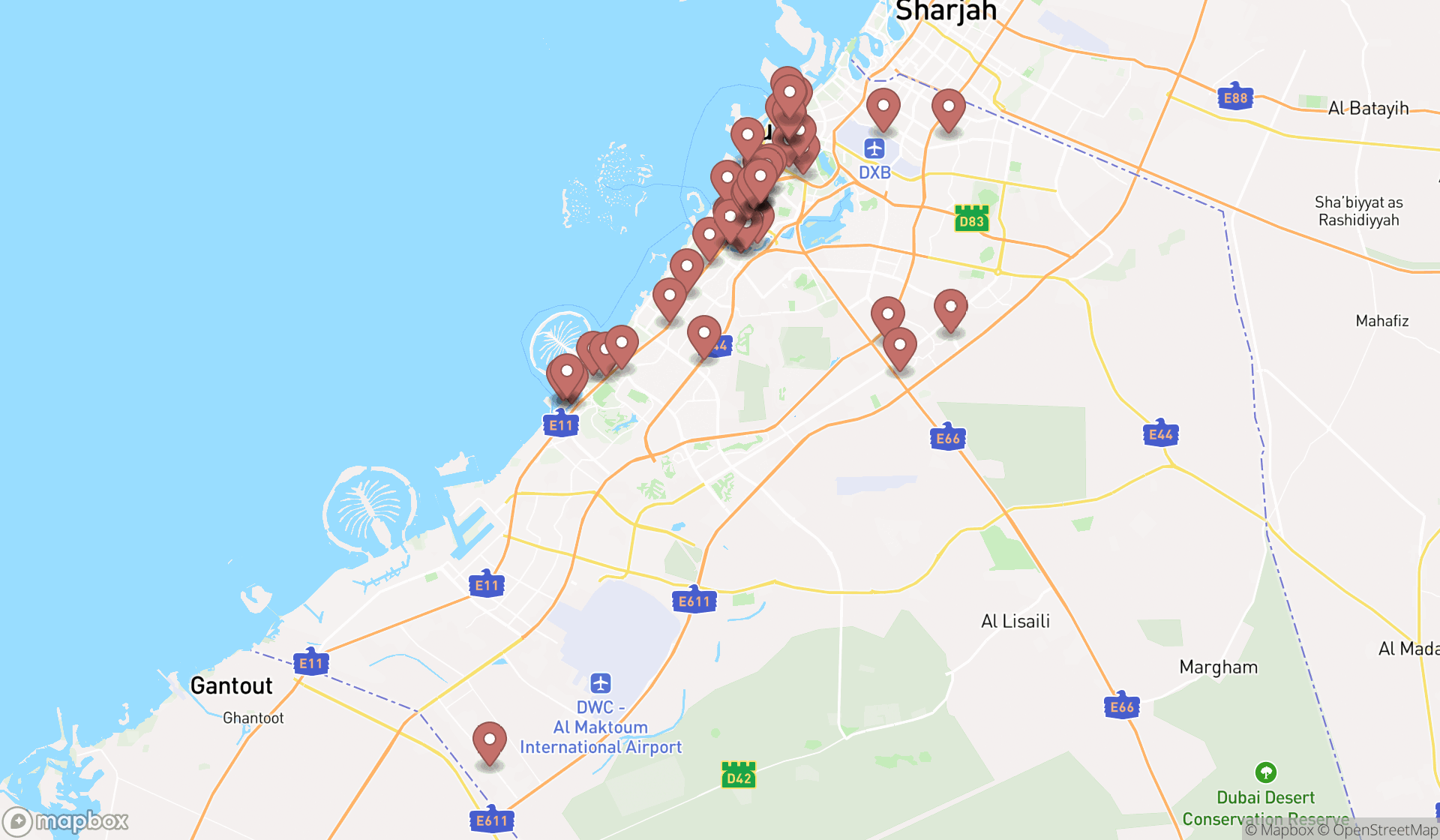 Map showing the search results in Dubai