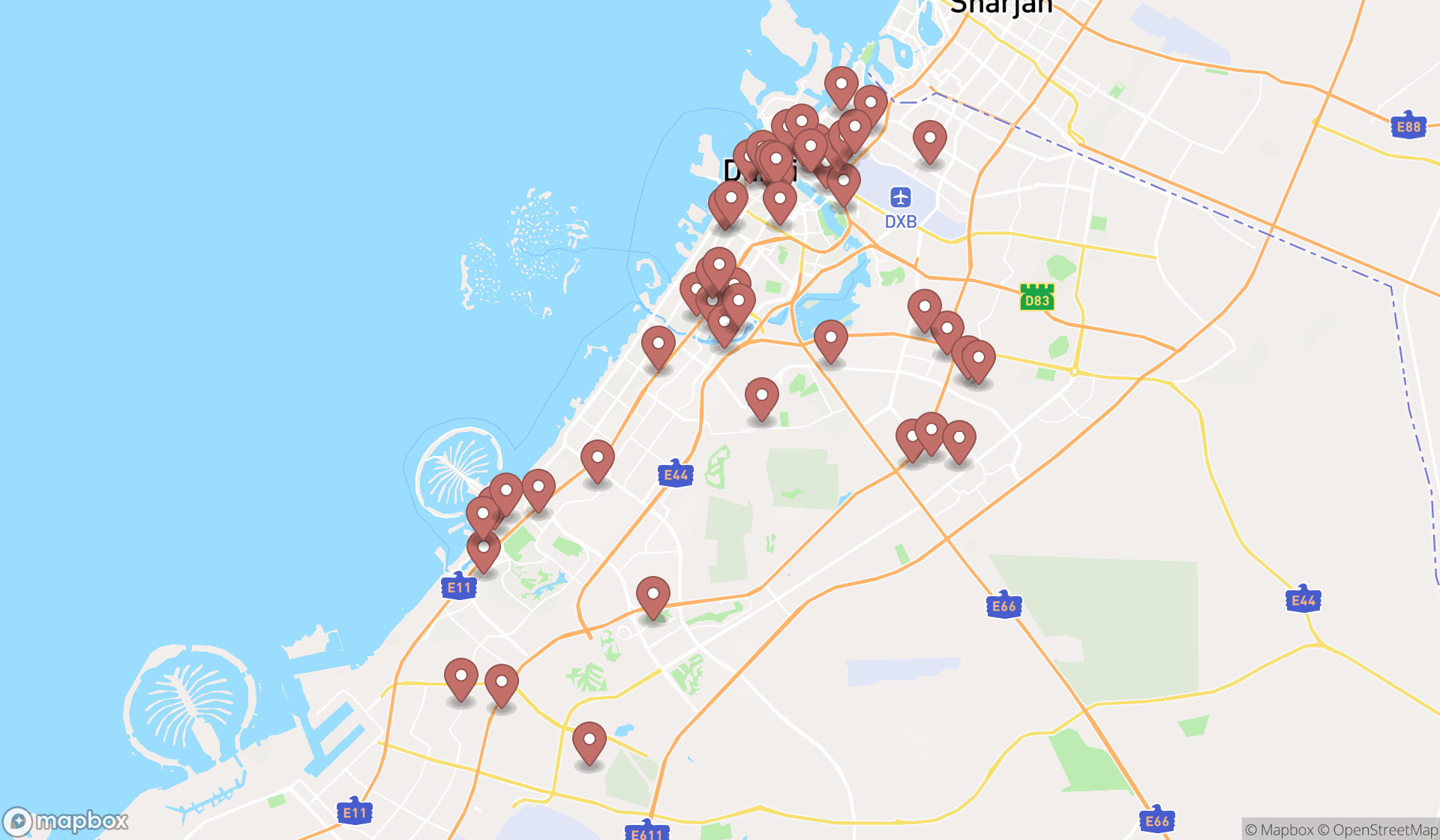 Map showing the search results in Dubai