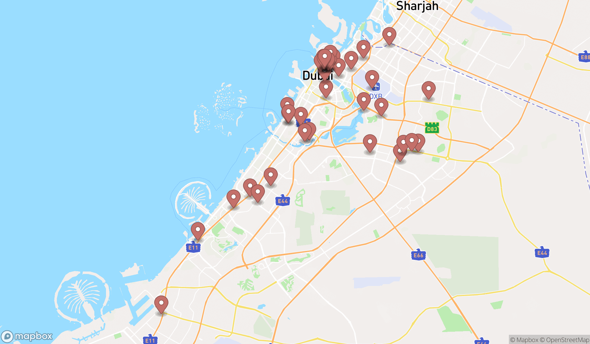 Map showing the search results in Dubai