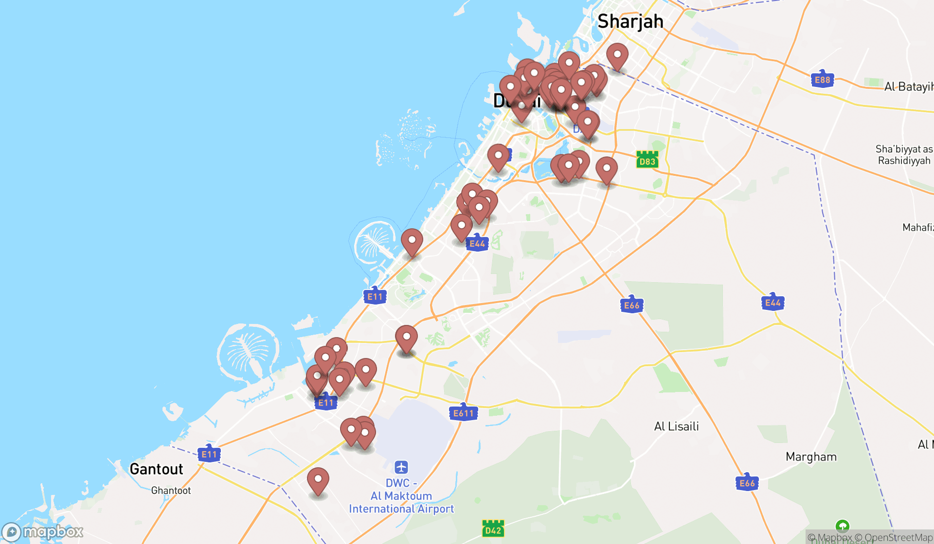 Map showing the search results in Dubai