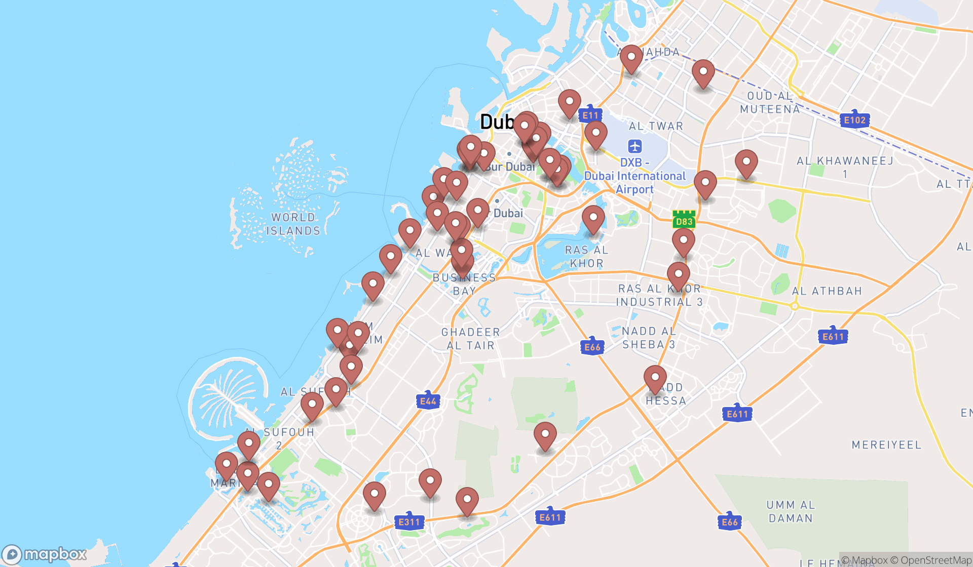 Map showing the search results in Dubai