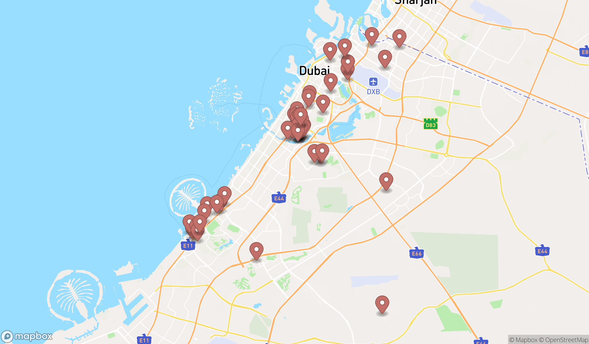 Map showing the search results in Dubai