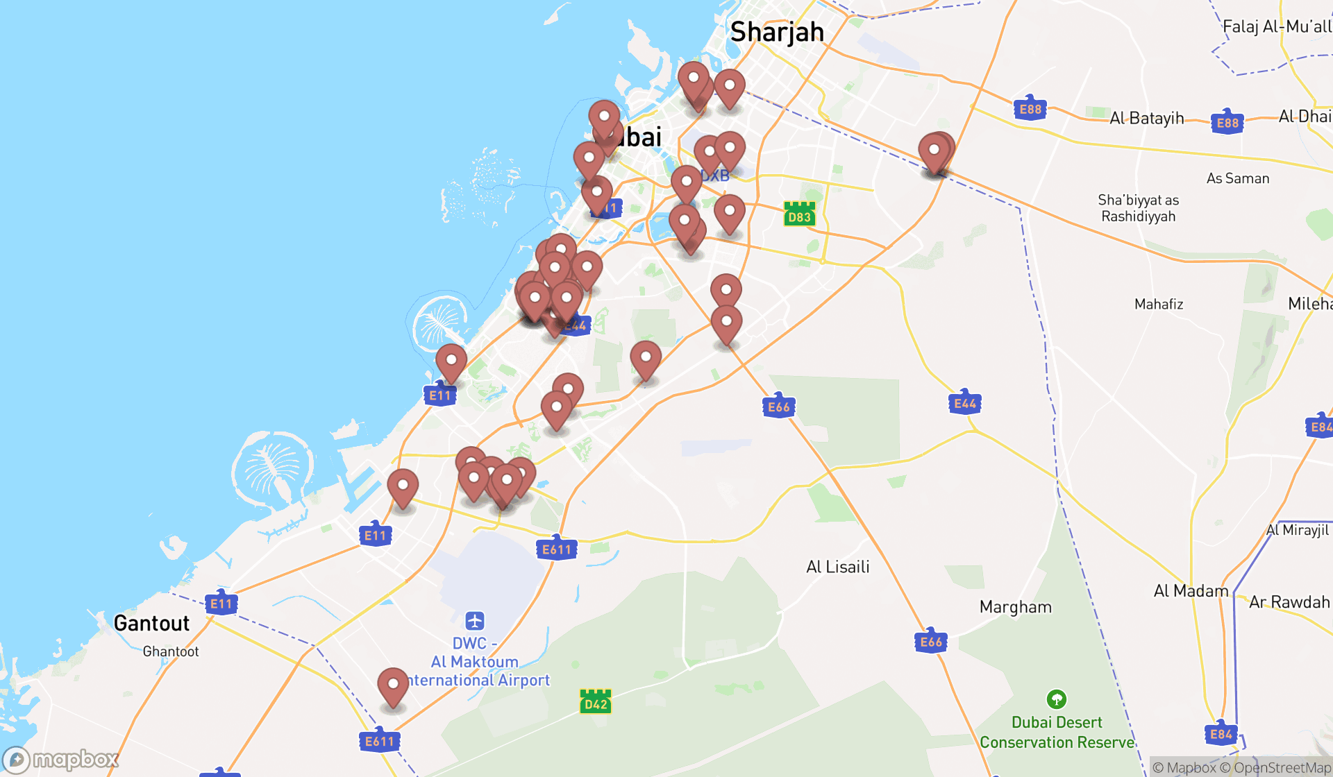 Map showing the search results in Dubai