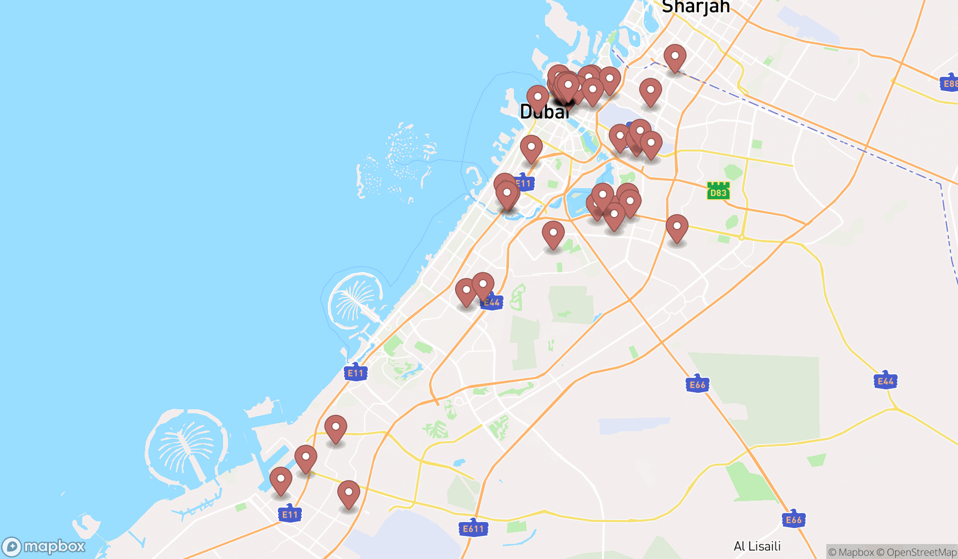 Map showing the search results in Dubai