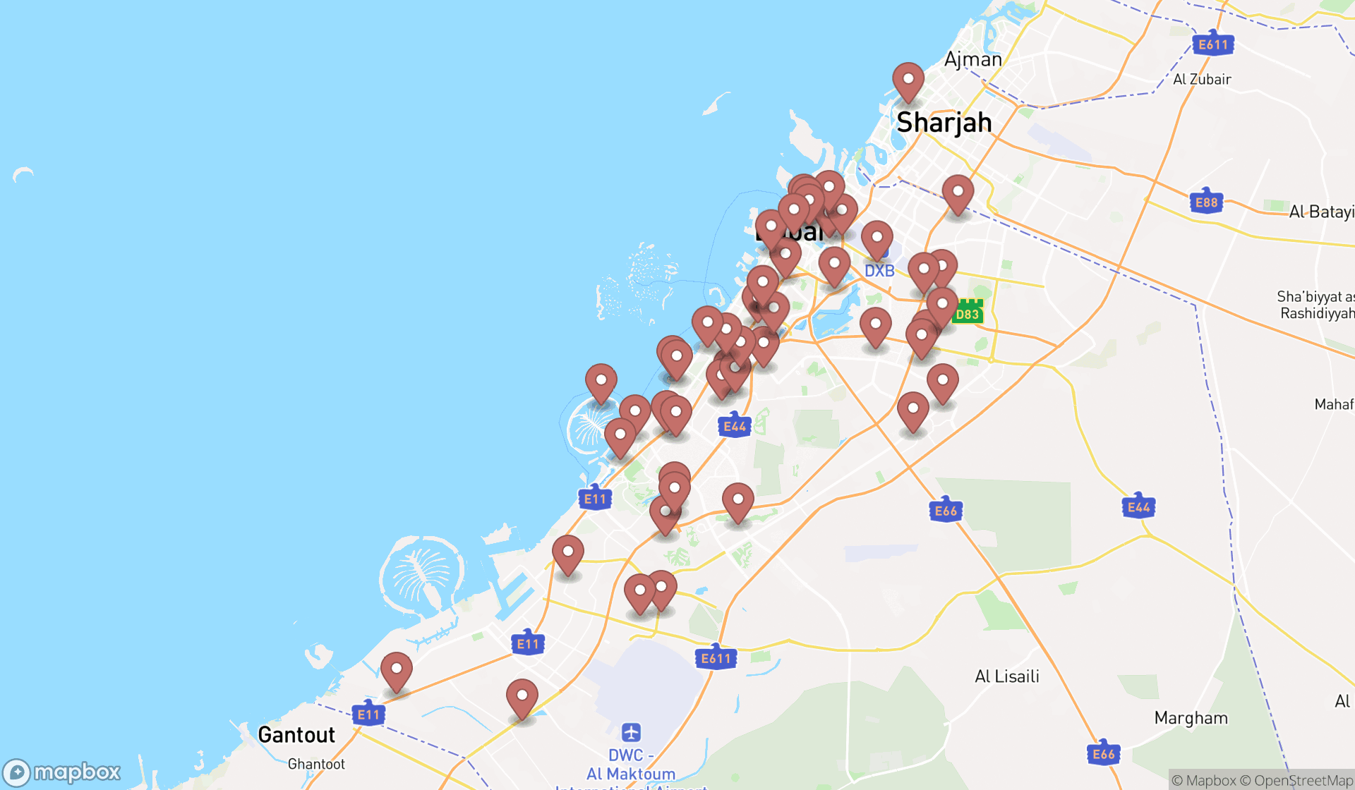 Map showing the search results in Dubai