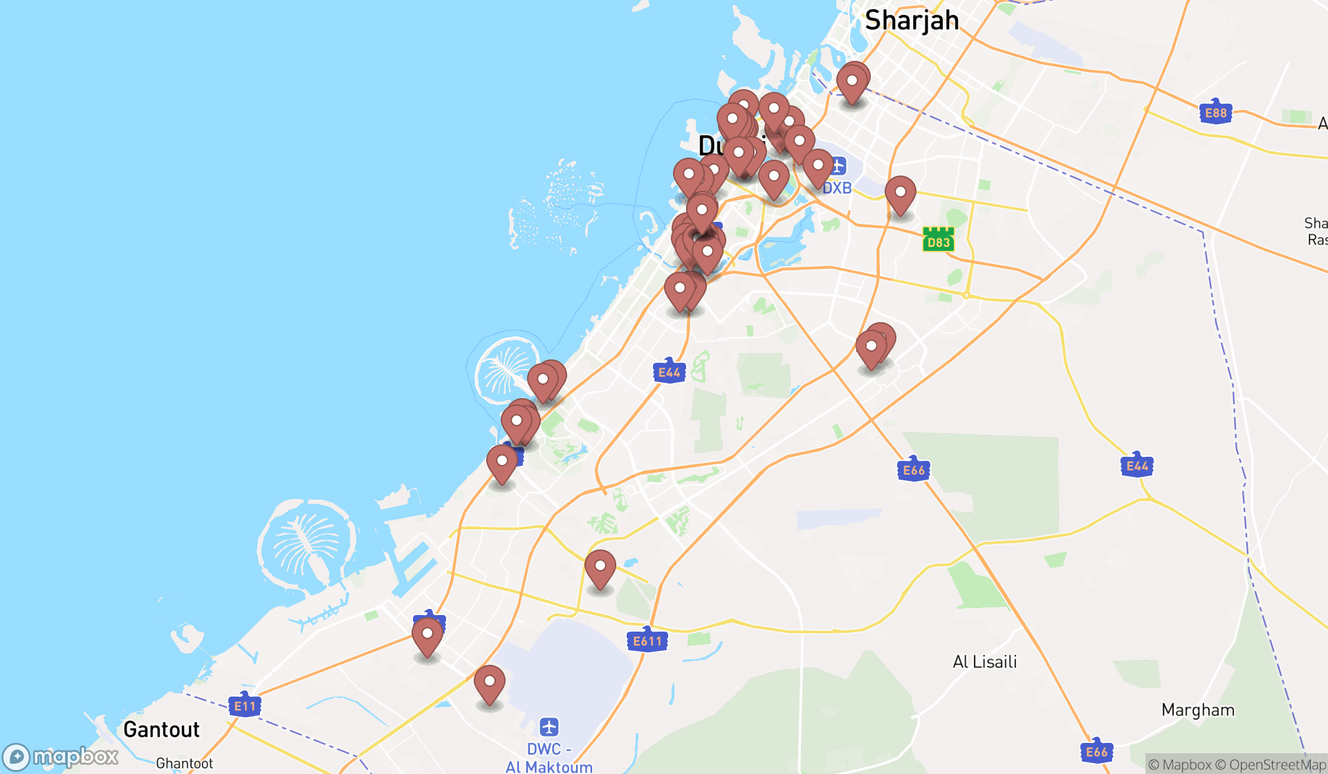 Map showing the search results in Dubai