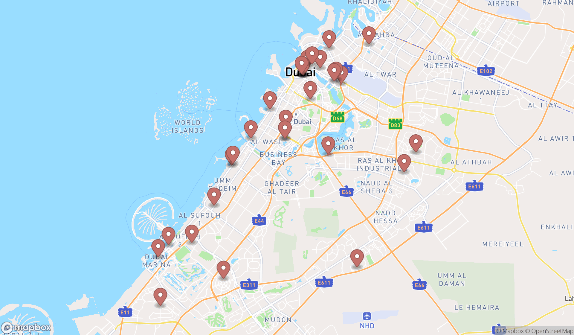 Map showing the search results in Dubai