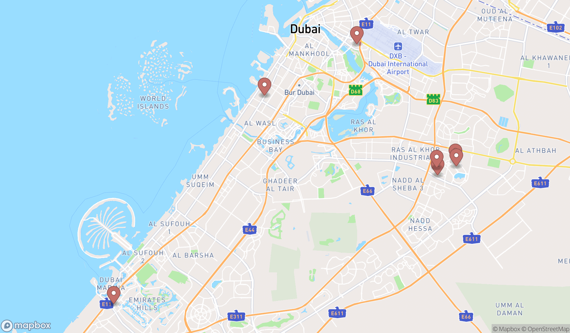 Map showing the search results in Dubai