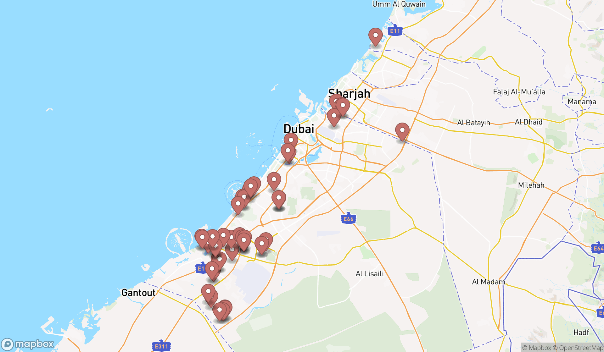 Map showing the search results in Dubai