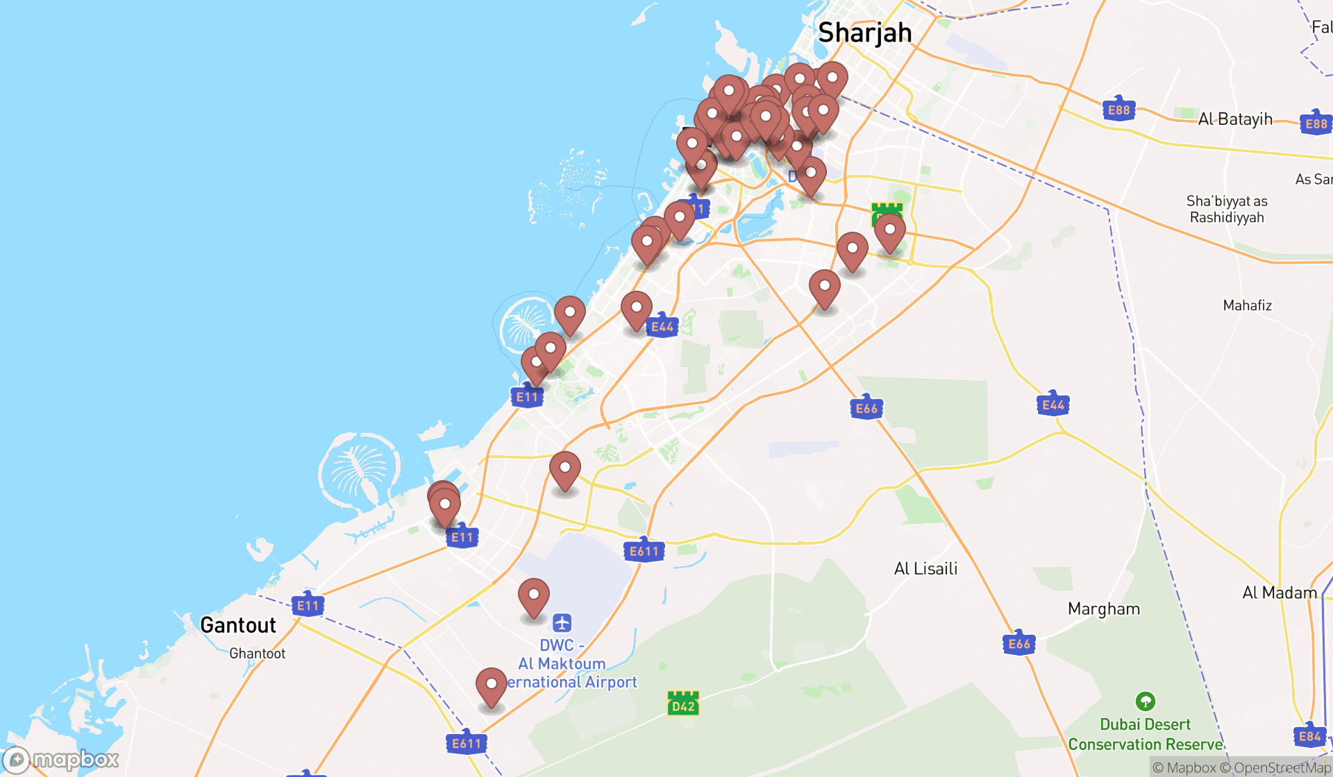 Map showing the search results in Dubai