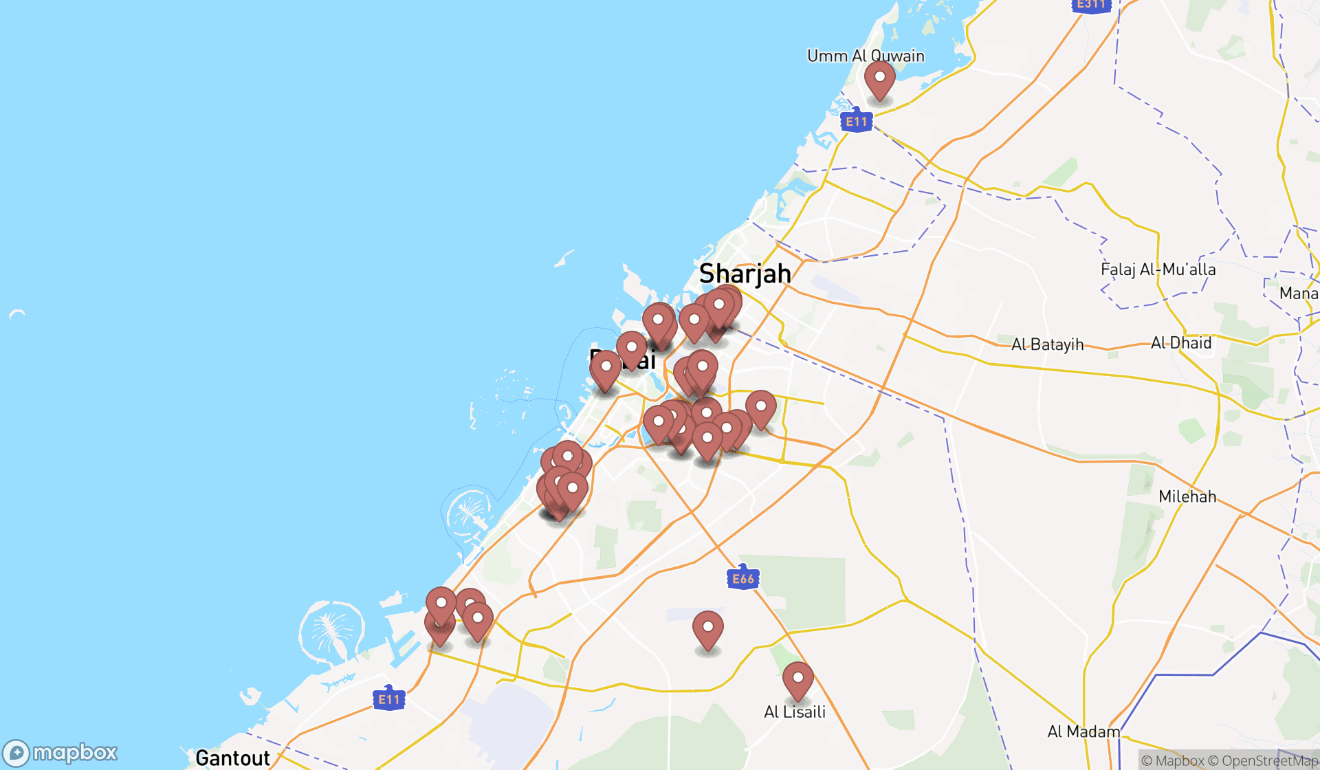Map showing the search results in Dubai