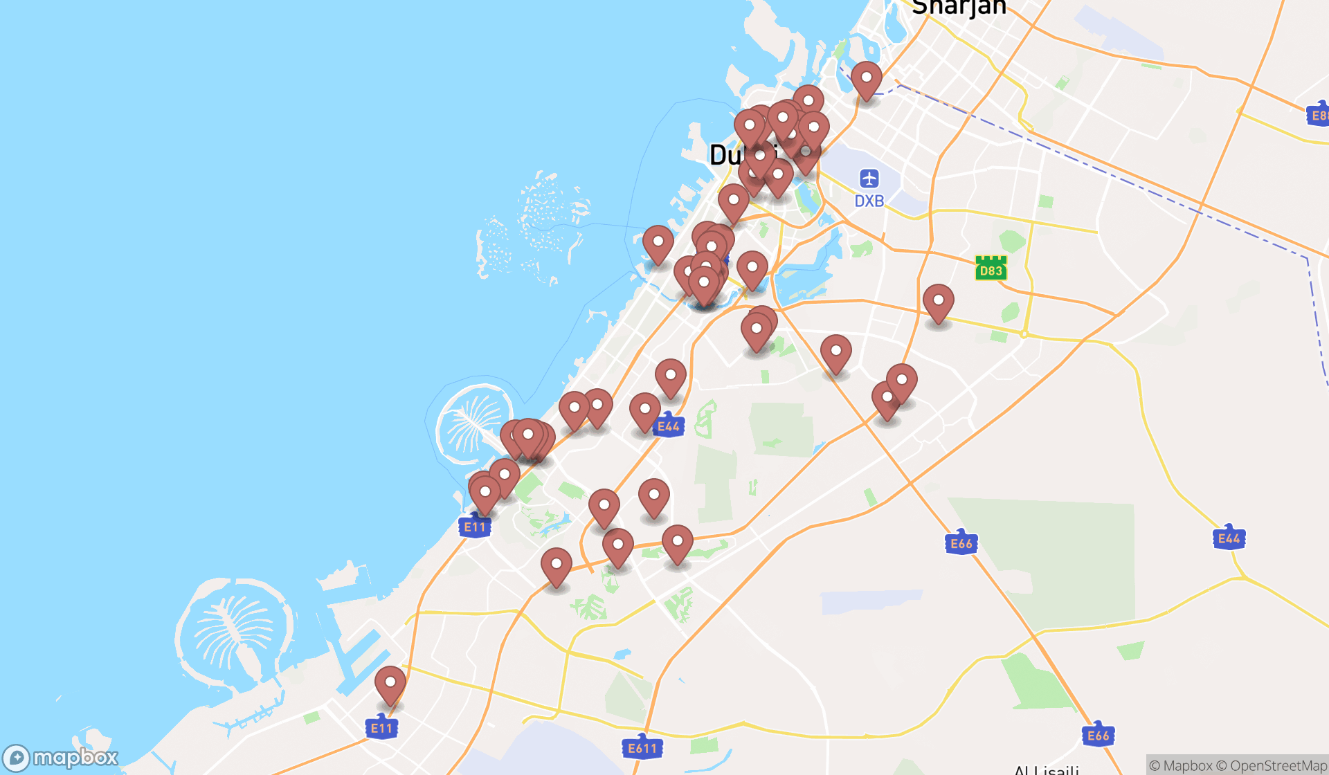 Map showing the search results in Dubai