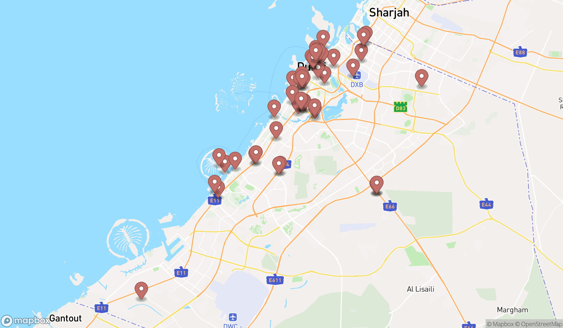 Map showing the search results in Dubai