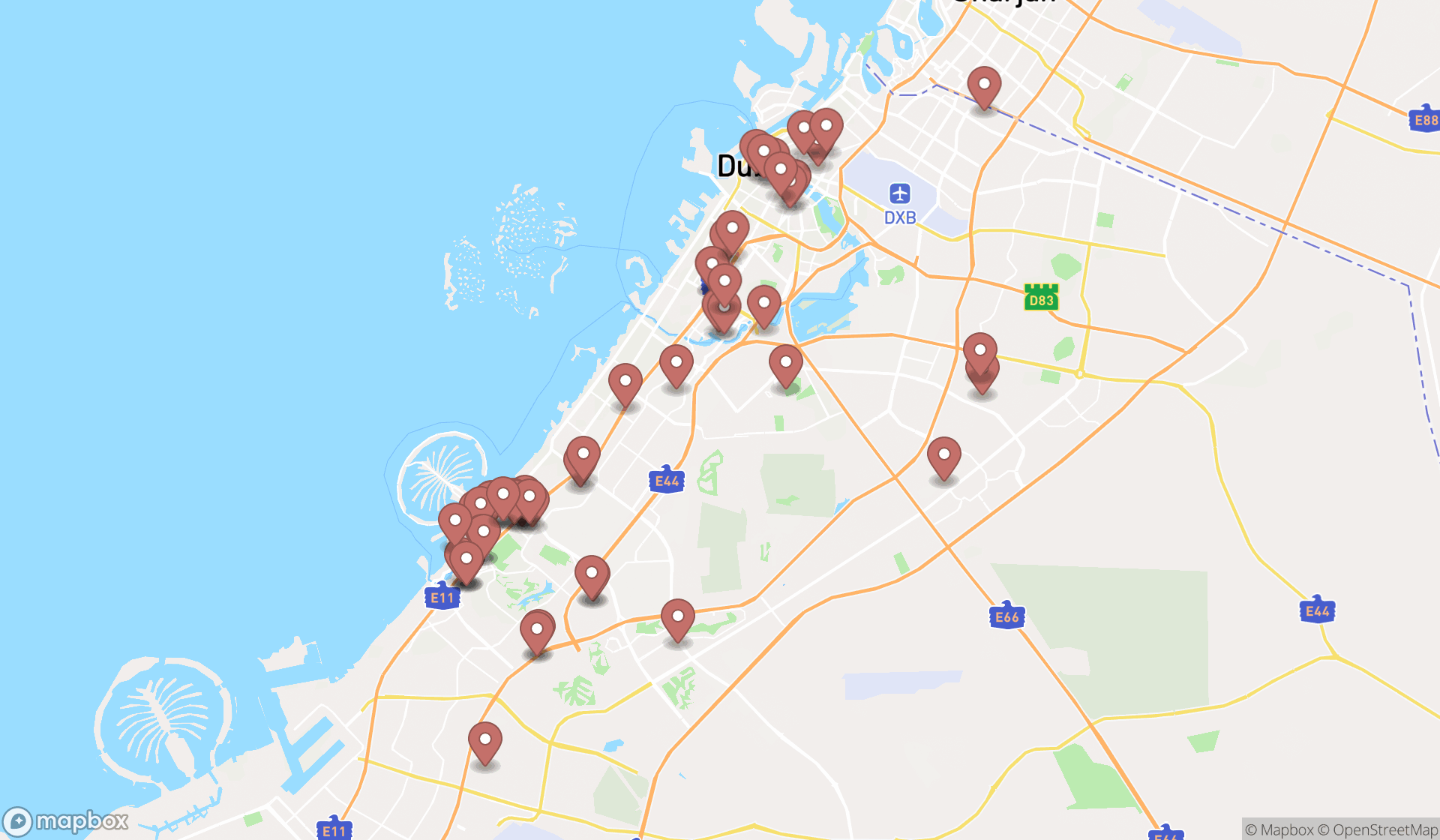 Map showing the search results in Dubai