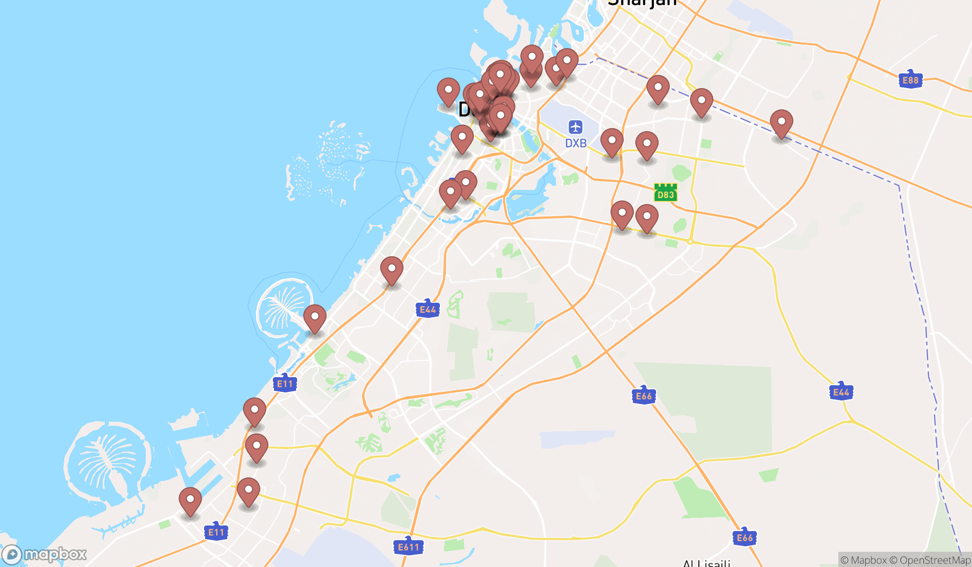 Map showing the search results in Dubai