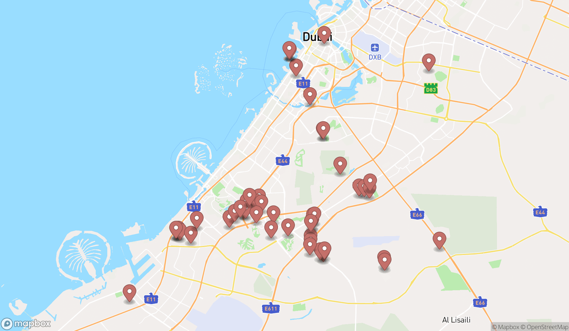 Map showing the search results in Dubai