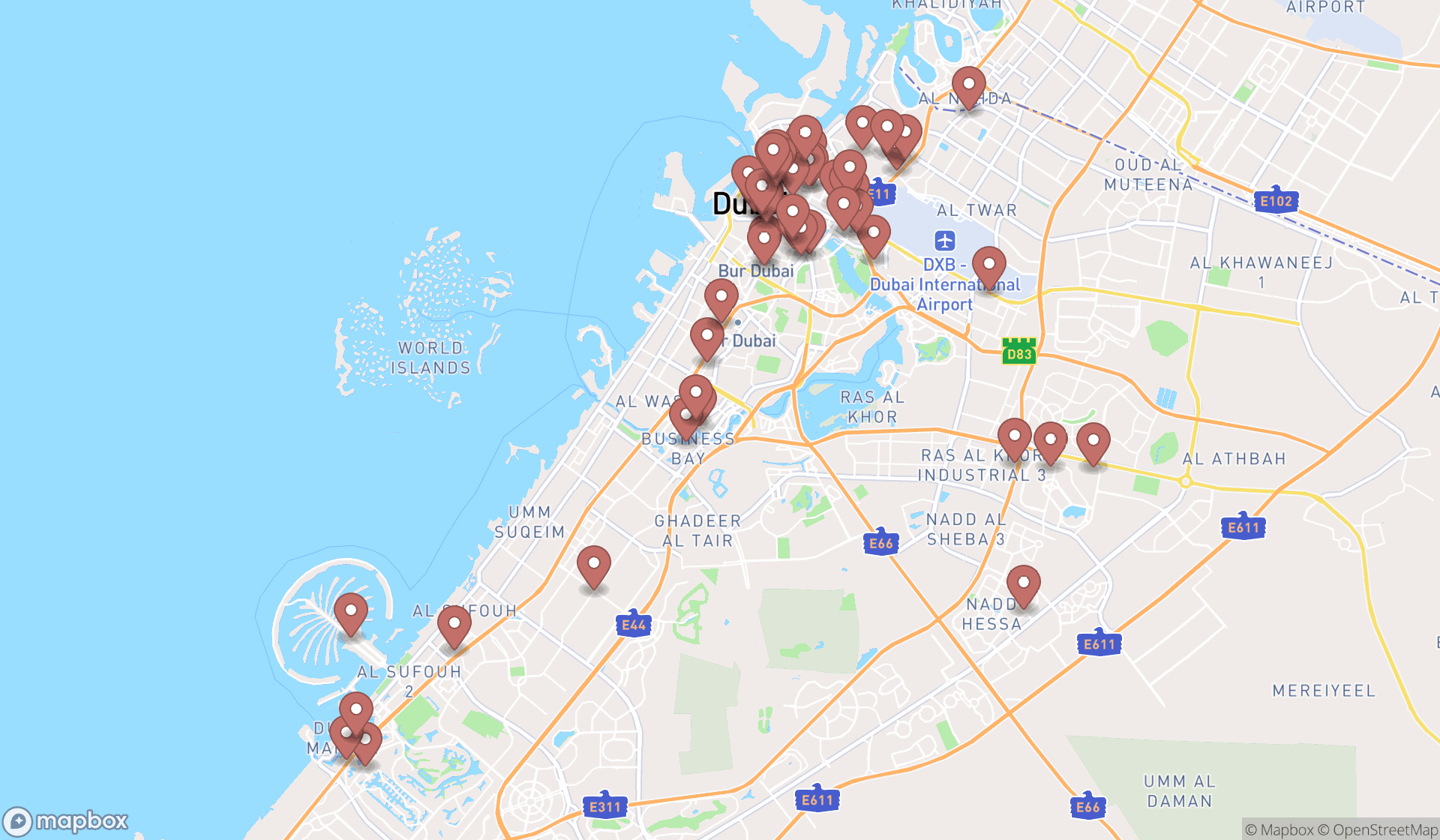 Map showing the search results in Dubai