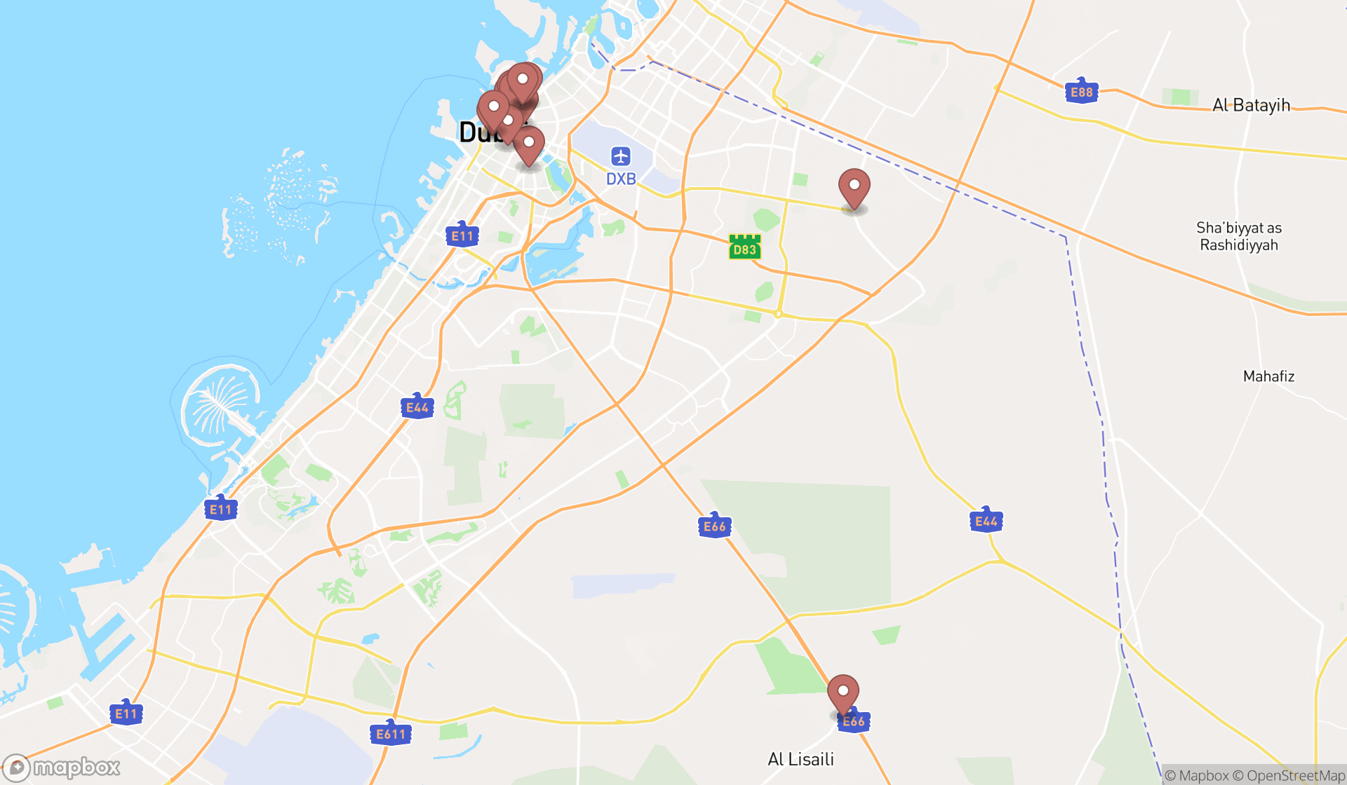 Map showing the search results in Dubai