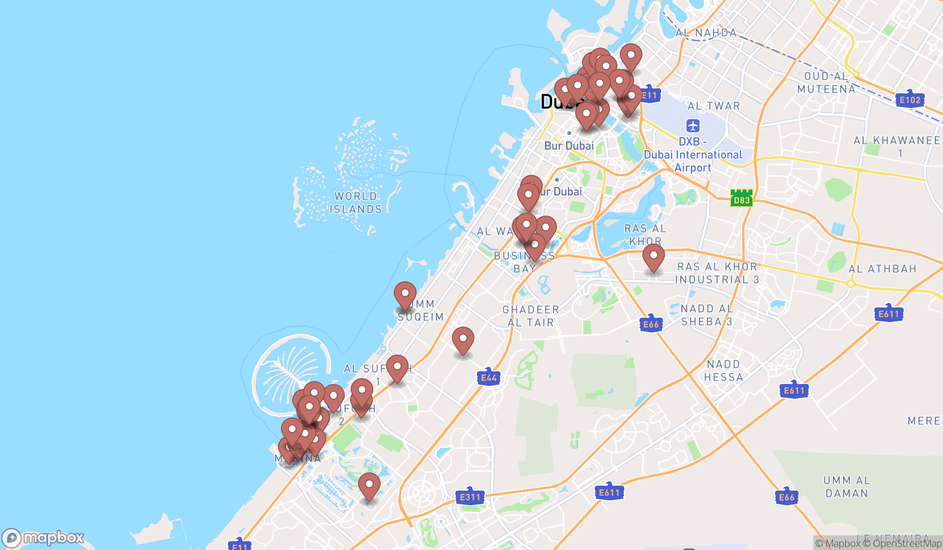 Map showing the search results in Dubai