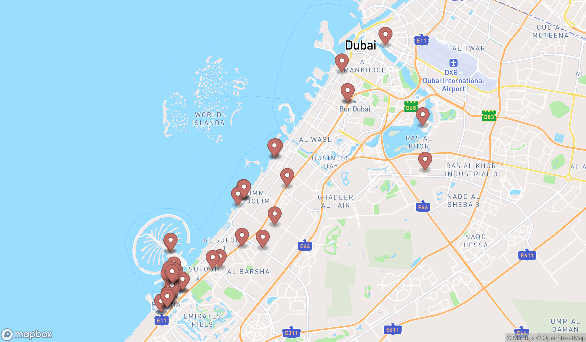 Map showing the search results in Dubai