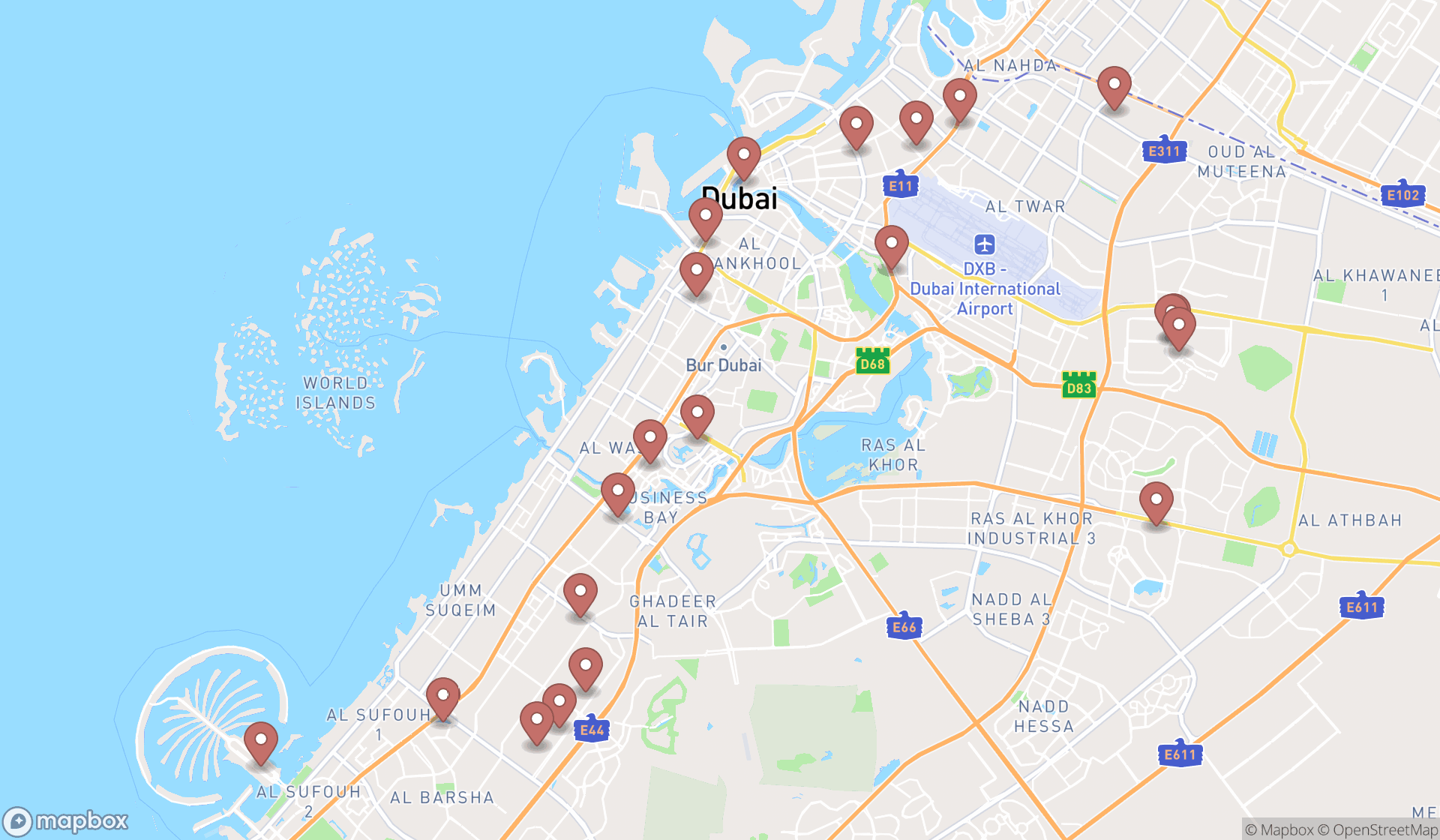 Map showing the search results in Dubai