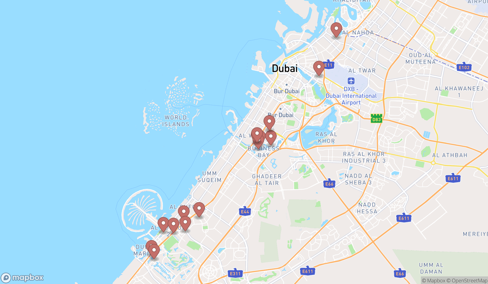 Map showing the search results in Dubai