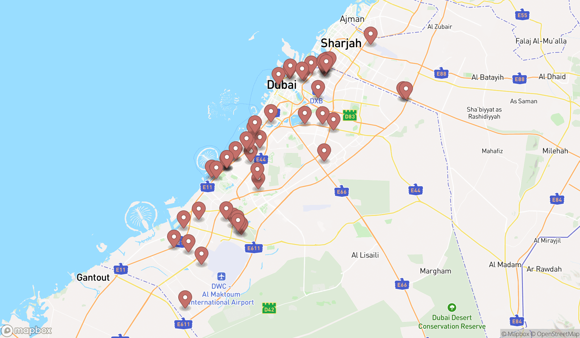 Map showing the search results in Dubai