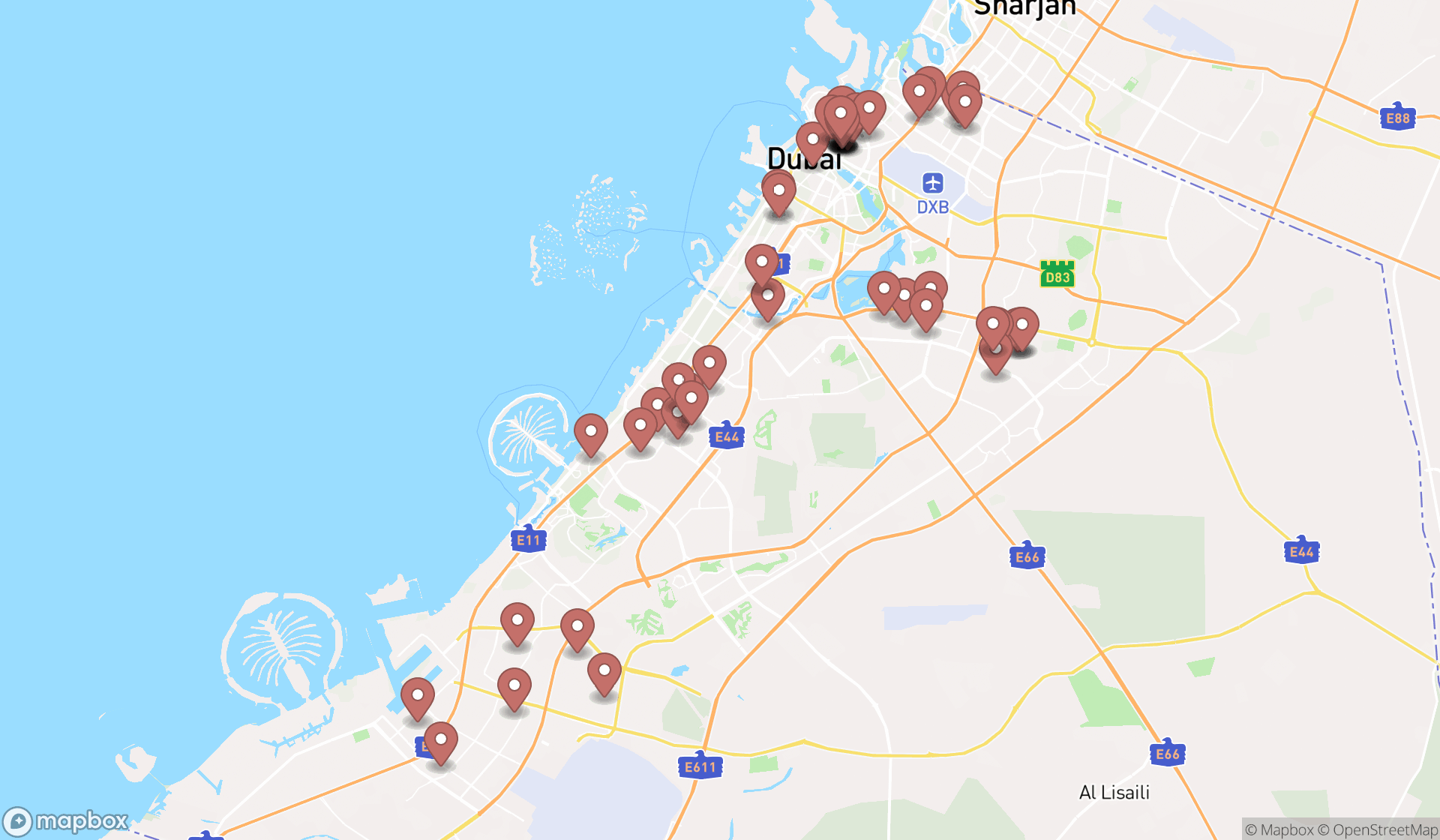 Map showing the search results in Dubai