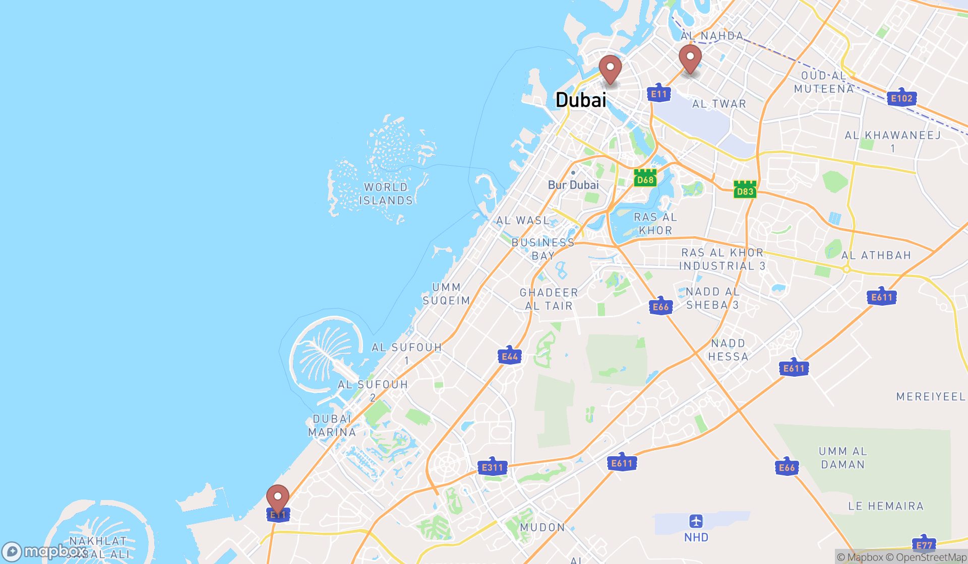 Map showing the search results in Dubai