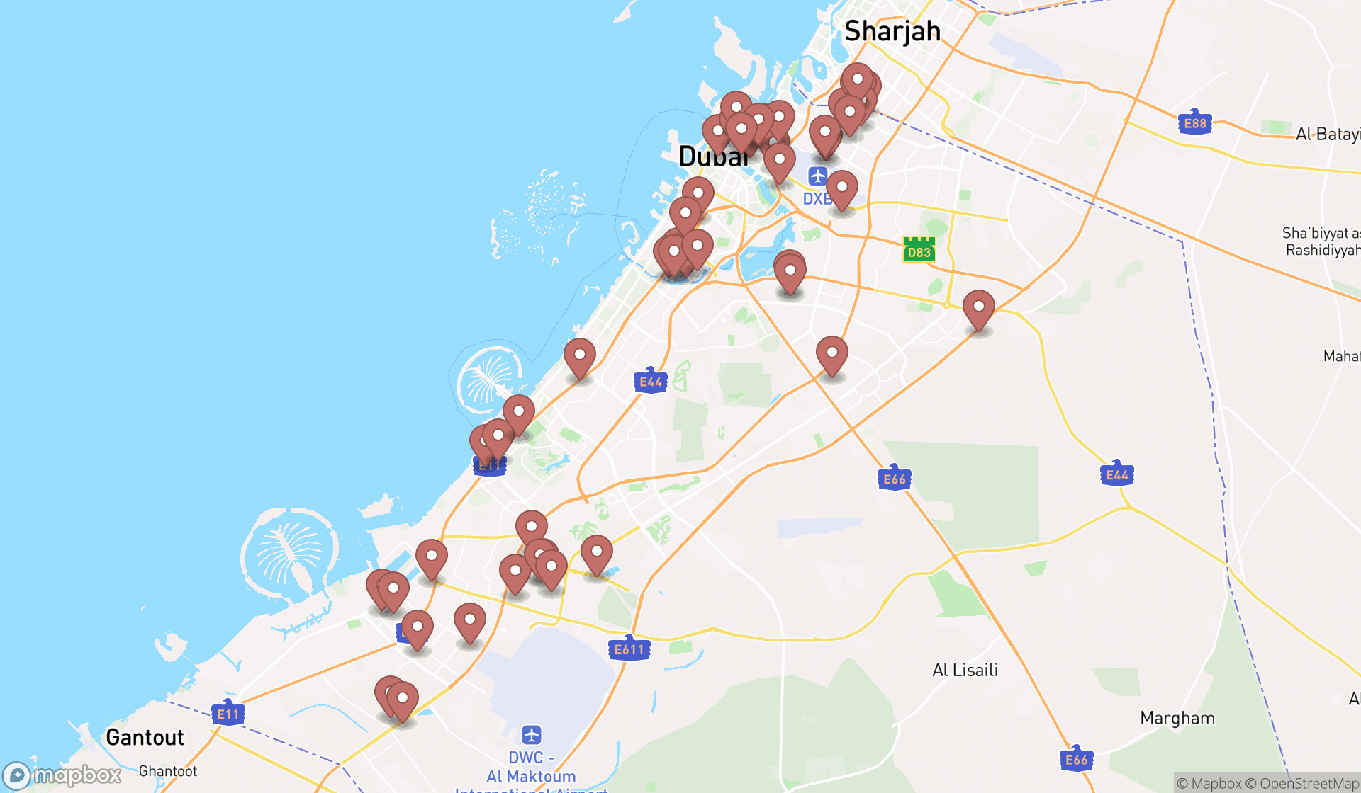 Map showing the search results in Dubai