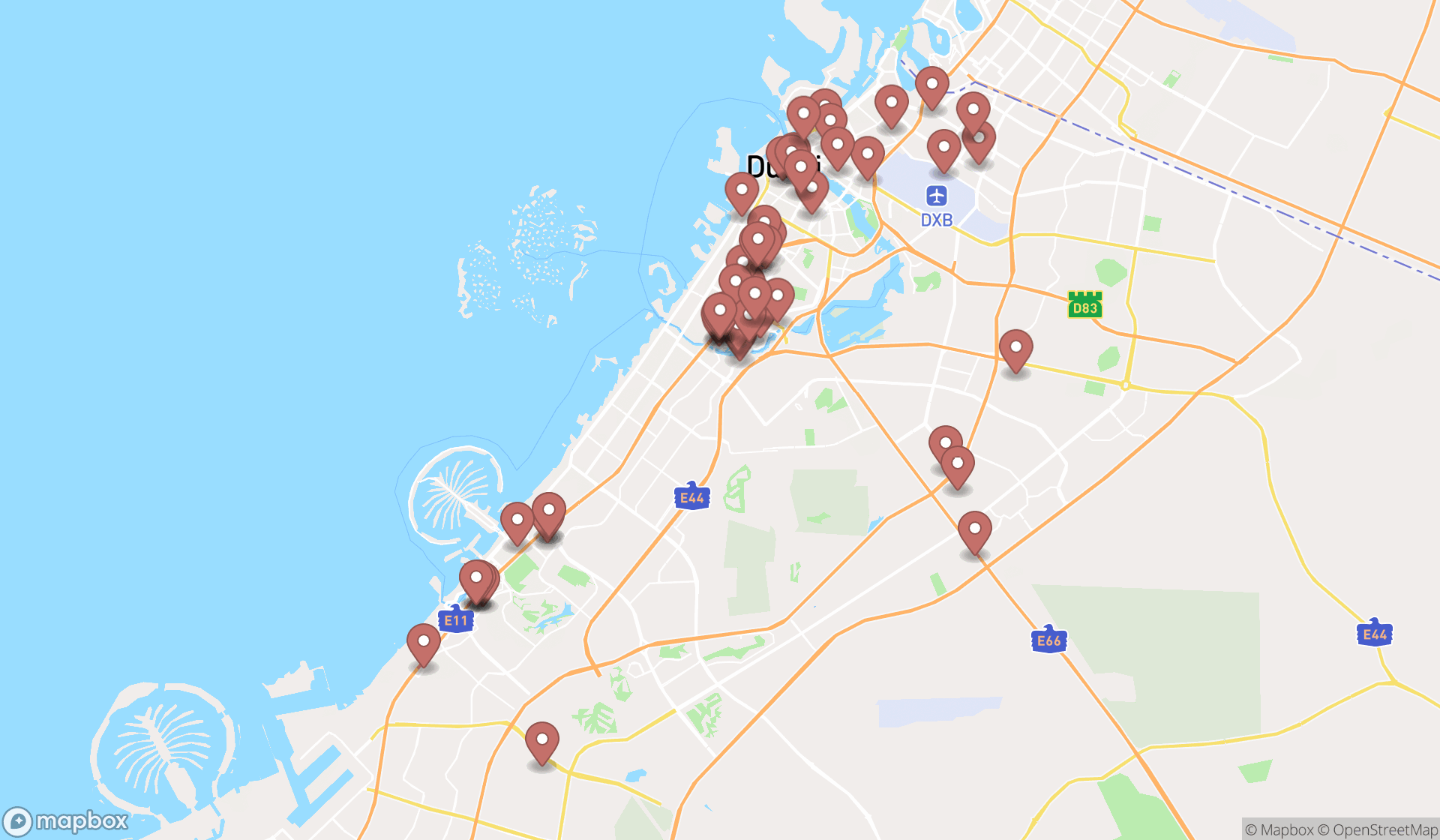 Map showing the search results in Dubai
