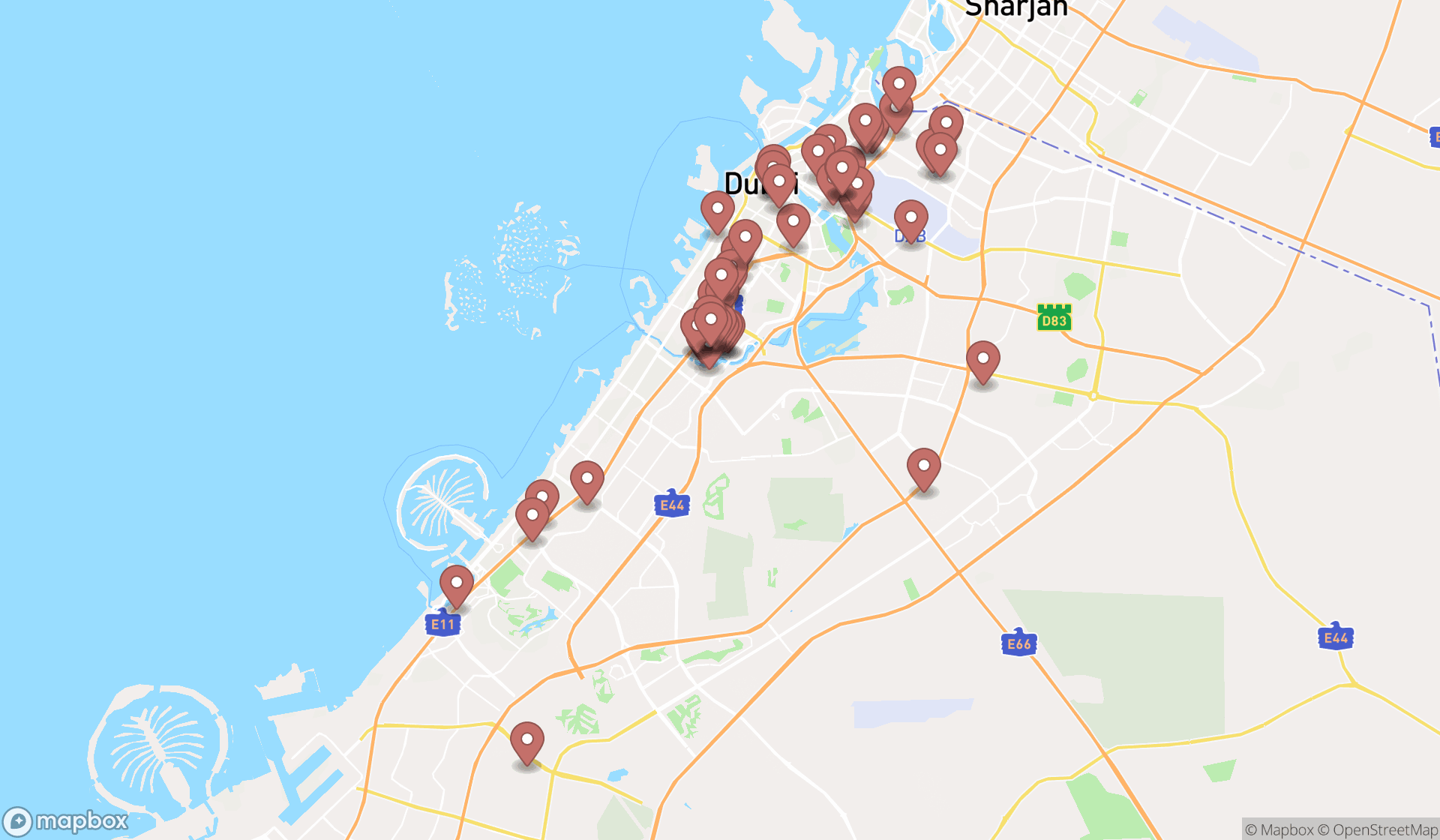 Map showing the search results in Dubai