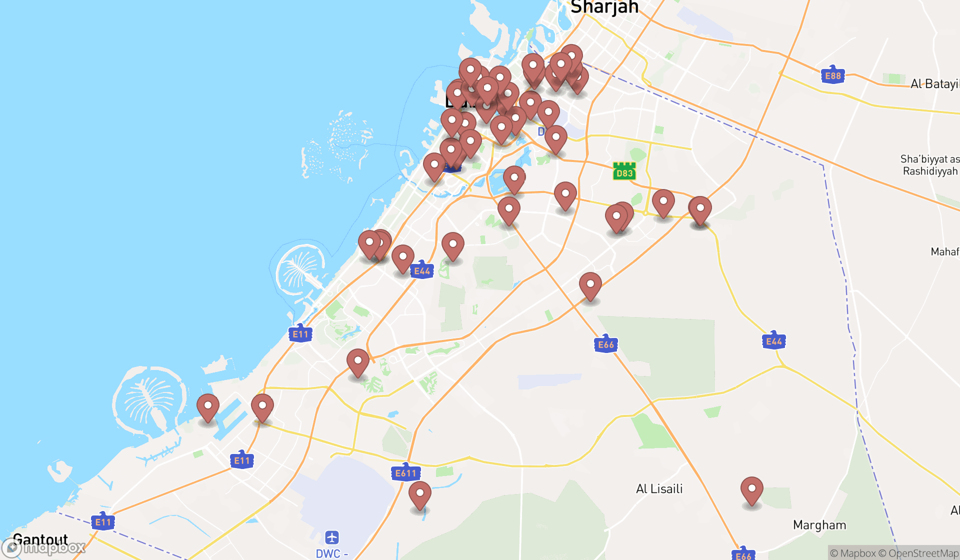 Map showing the search results in Dubai