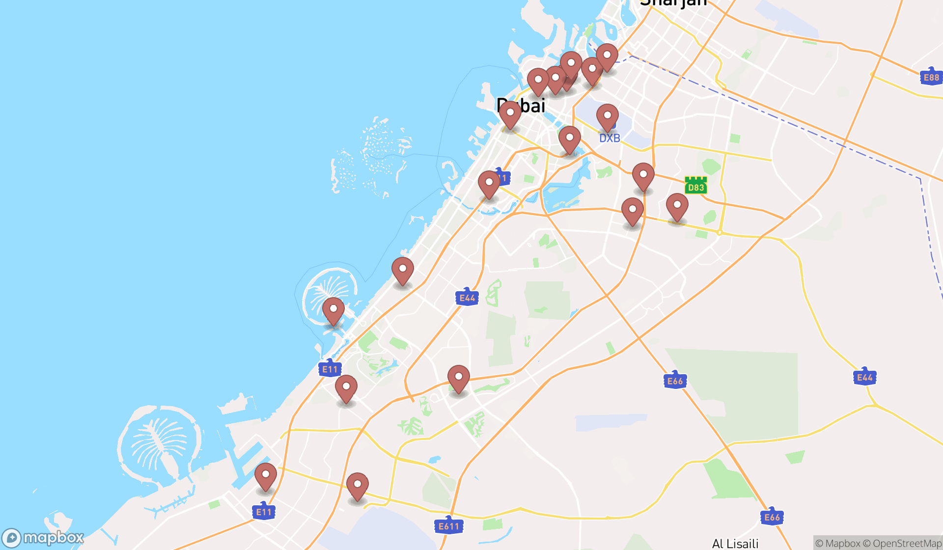Map showing the search results in Dubai