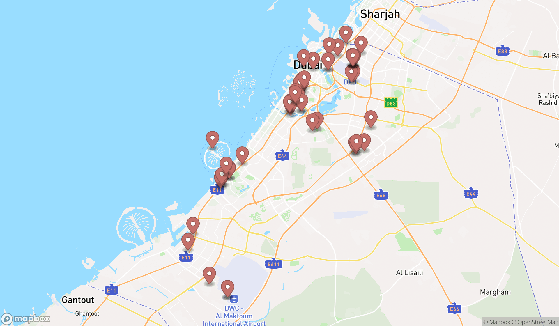 Map showing the search results in Dubai