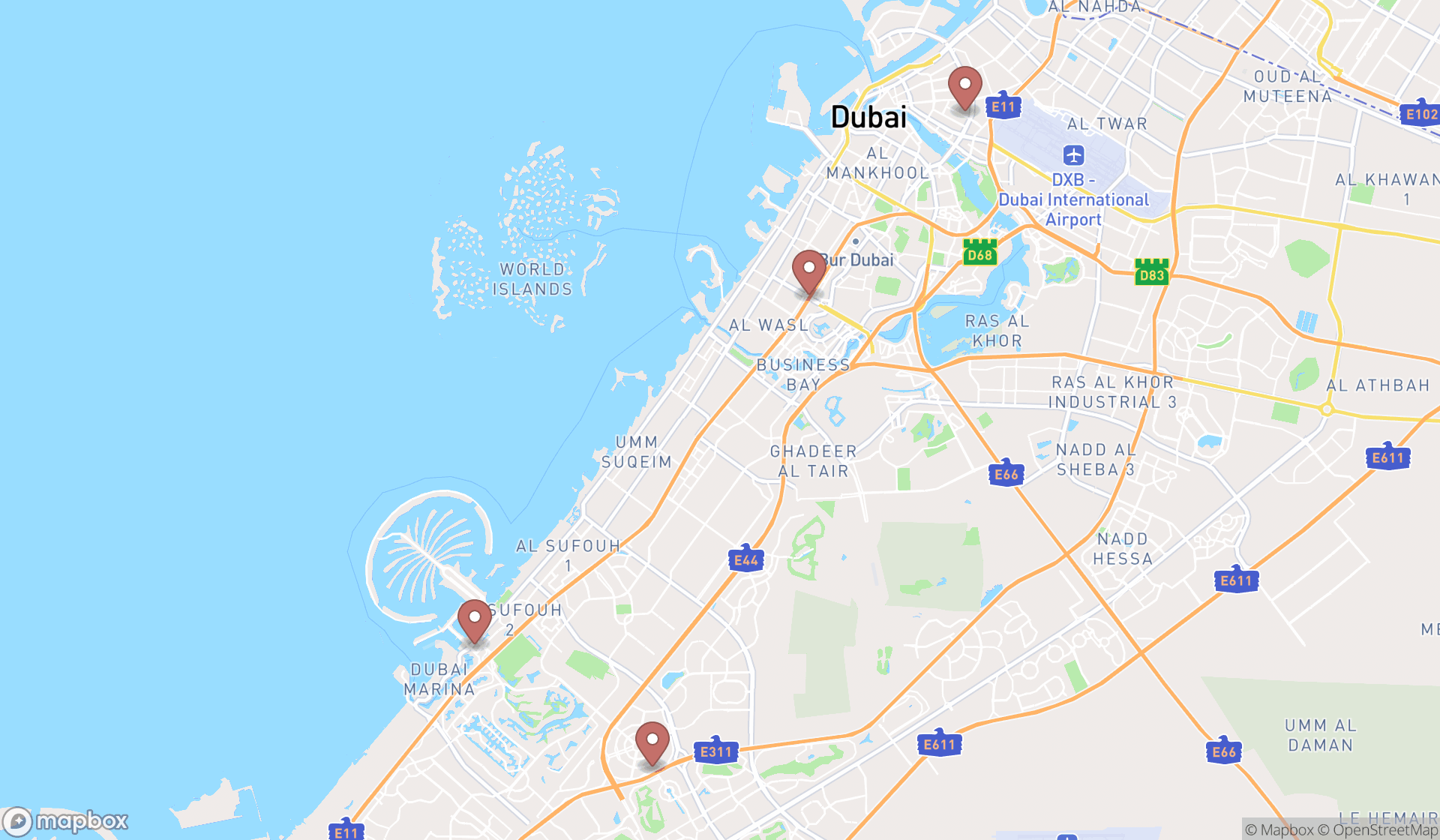 Map showing the search results in Dubai