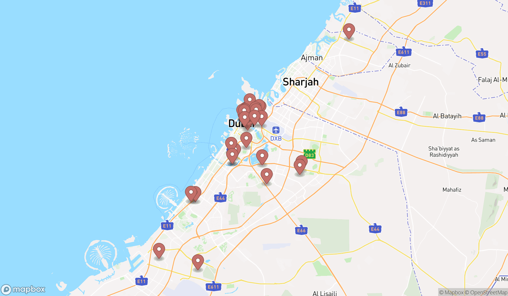 Map showing the search results in Dubai