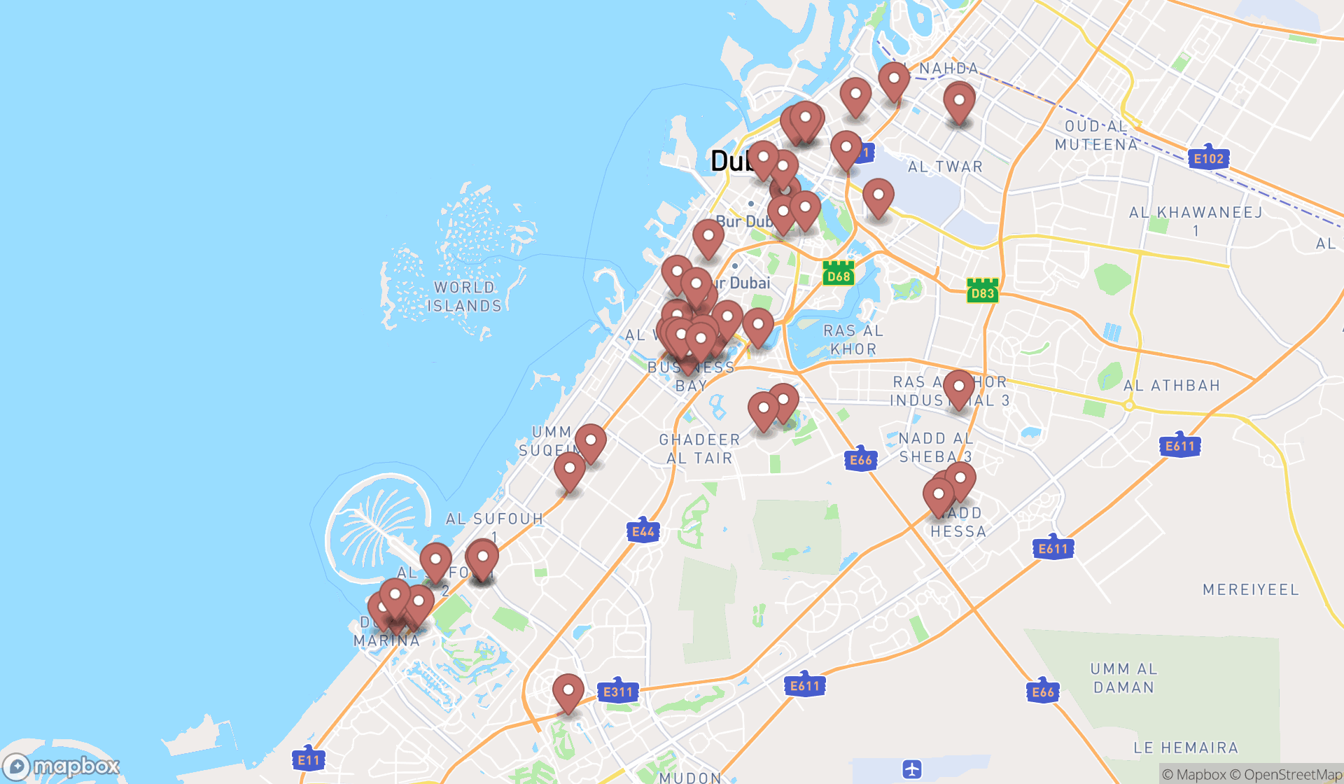 Map showing the search results in Dubai