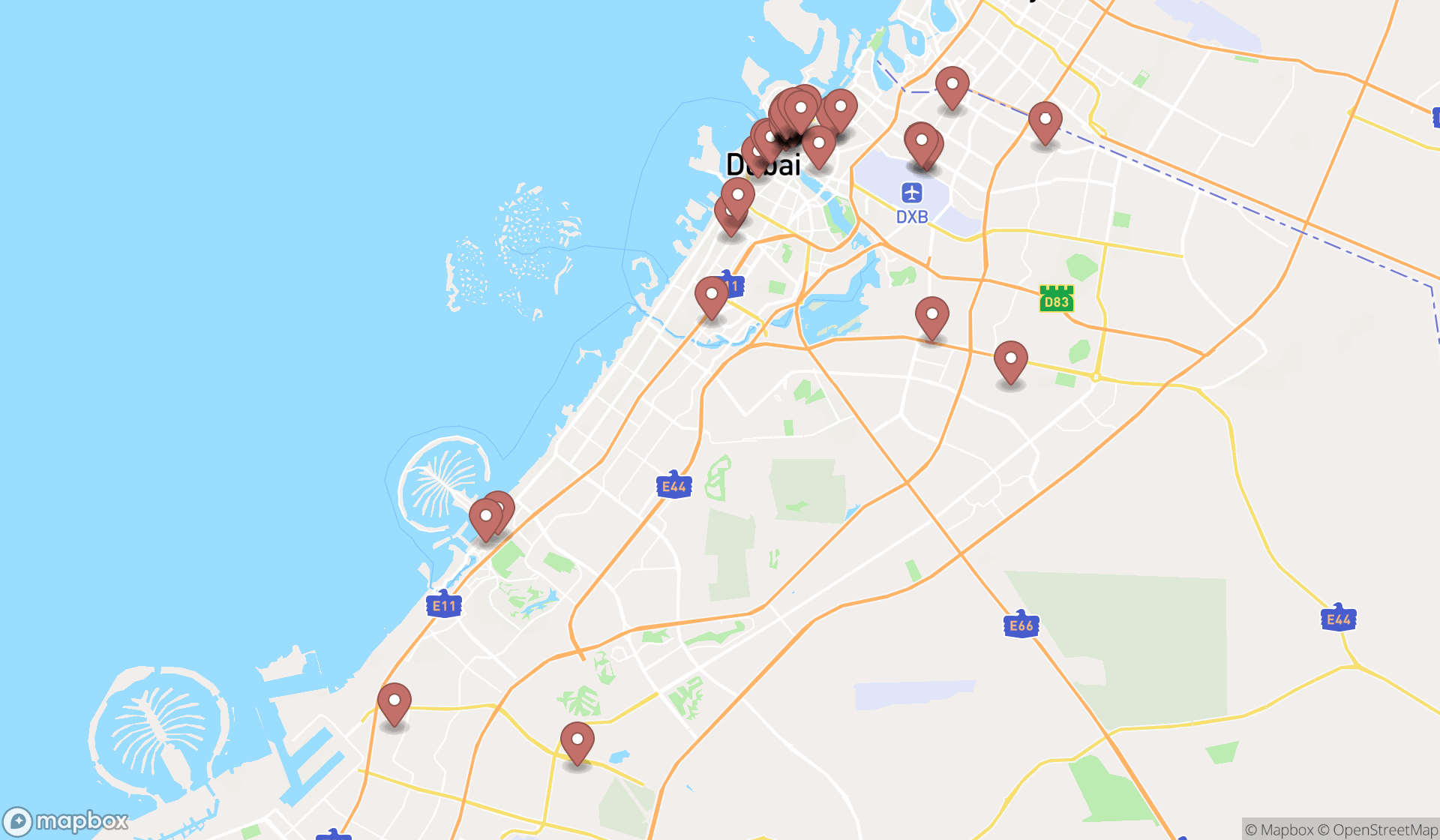 Map showing the search results in Dubai