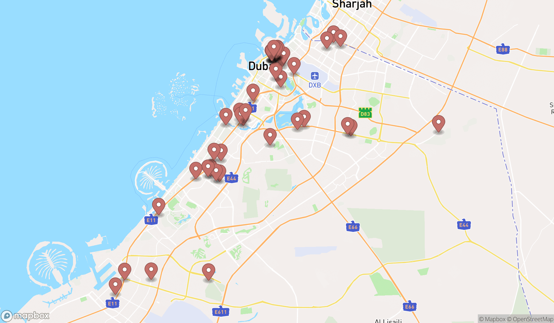 Map showing the search results in Dubai
